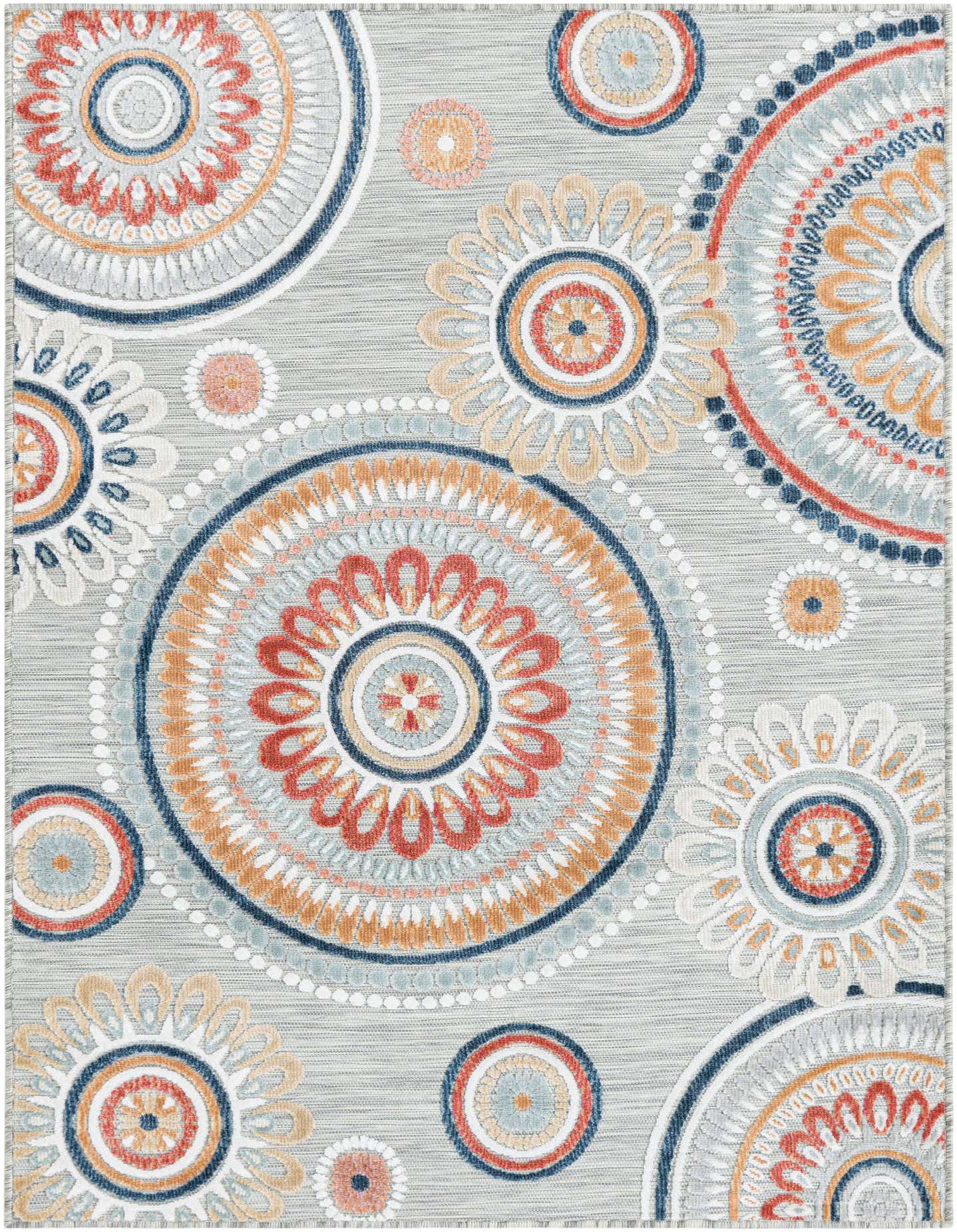A 4x6 rectangular gray rug with a modern abstract pattern of large and small circular medallions in coral, orange, blue, and white.