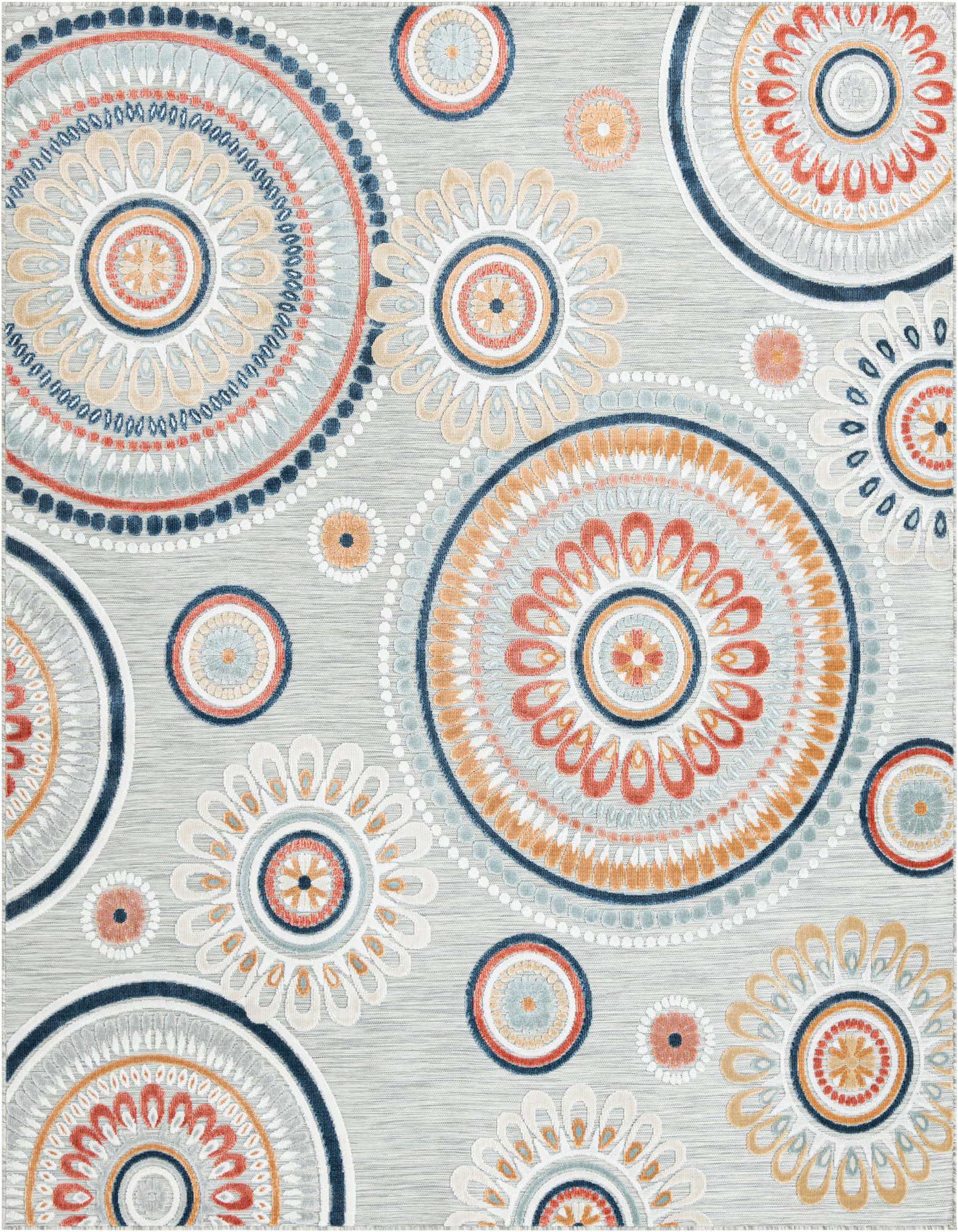 An 8x10 gray rectangular rug with a modern abstract pattern of large and small colorful medallions in coral, blue, orange, and cream.