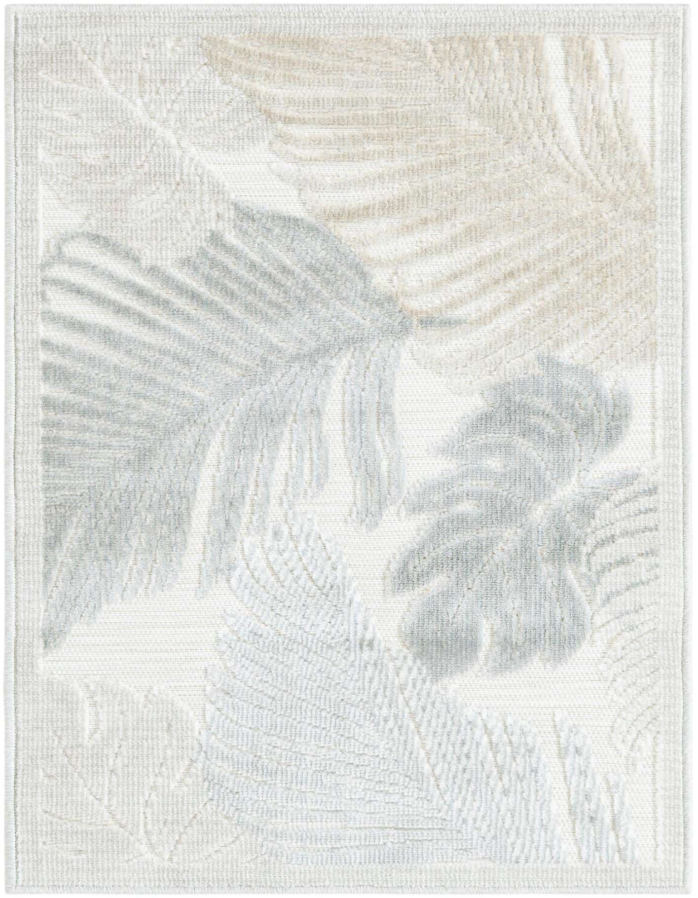 A 2x3 rectangular gray and silver indoor/outdoor rug with a modern tropical leaf pattern, ideal for a patio.