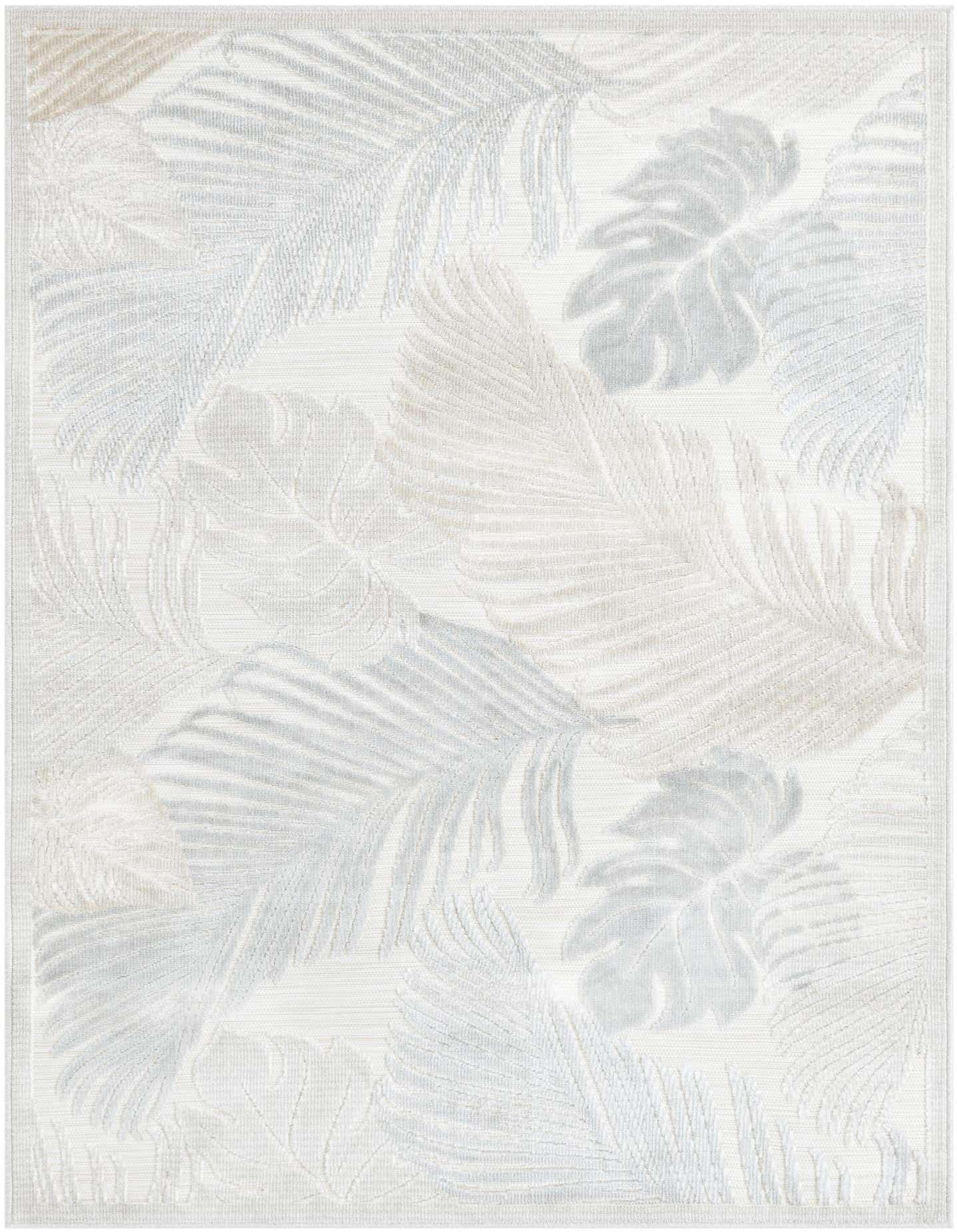 A 4x6 rectangular gray indoor/outdoor rug with a subtle tropical leaf pattern, perfect for a modern patio or living room.