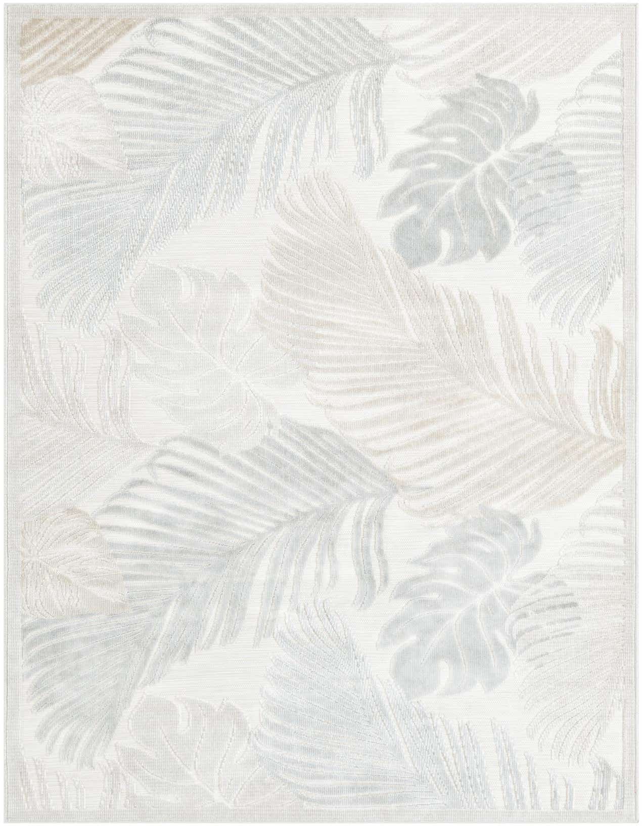 A 5x8 rectangular indoor/outdoor rug featuring an abstract tropical leaf pattern in shades of gray and silver on a light background.