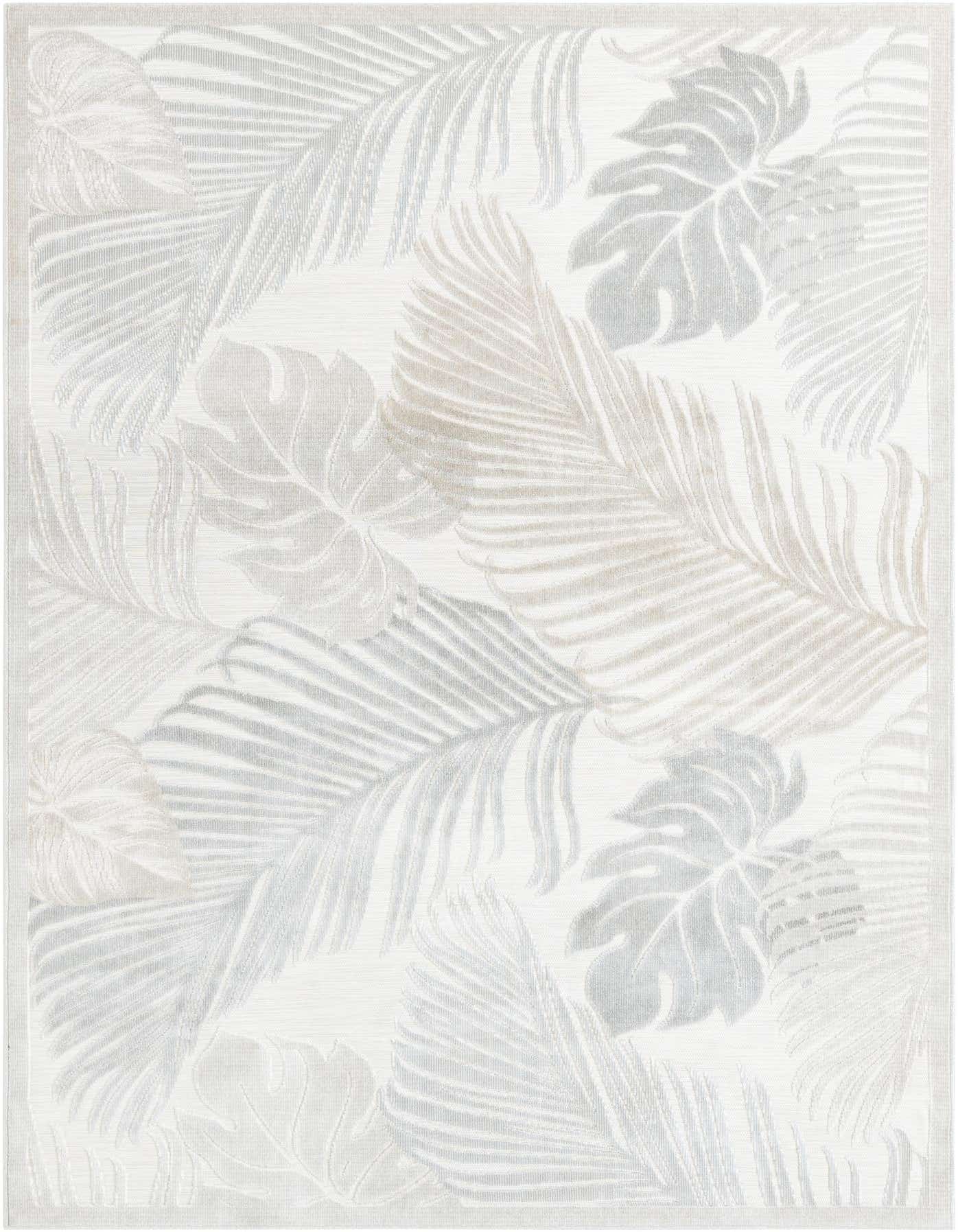 A 6x9 rectangular gray and silver tropical rug featuring large palm and monstera leaves on a light background, suitable for indoor or outdoor use.