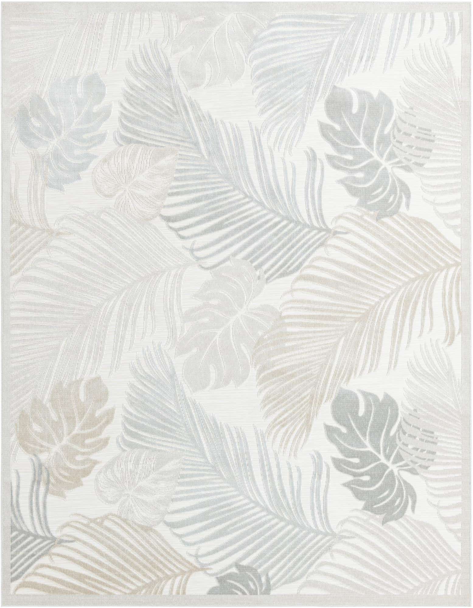 An 8x10 rectangular rug with a modern tropical leaf pattern in various shades of gray and silver, suitable for indoor or outdoor use.