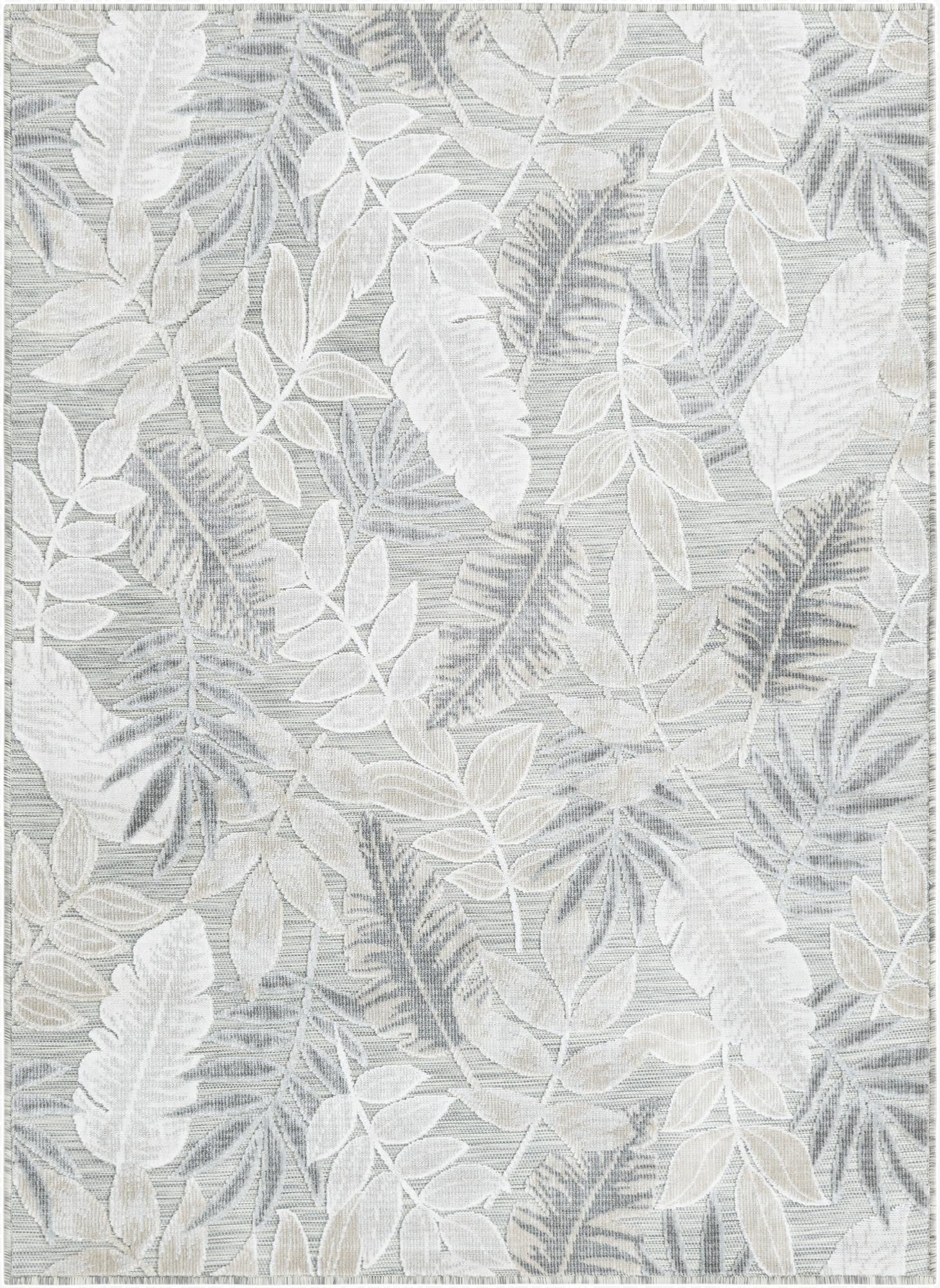 A 4x6 rectangular gray indoor/outdoor rug with a tropical leaf pattern in varying shades of gray and silver.