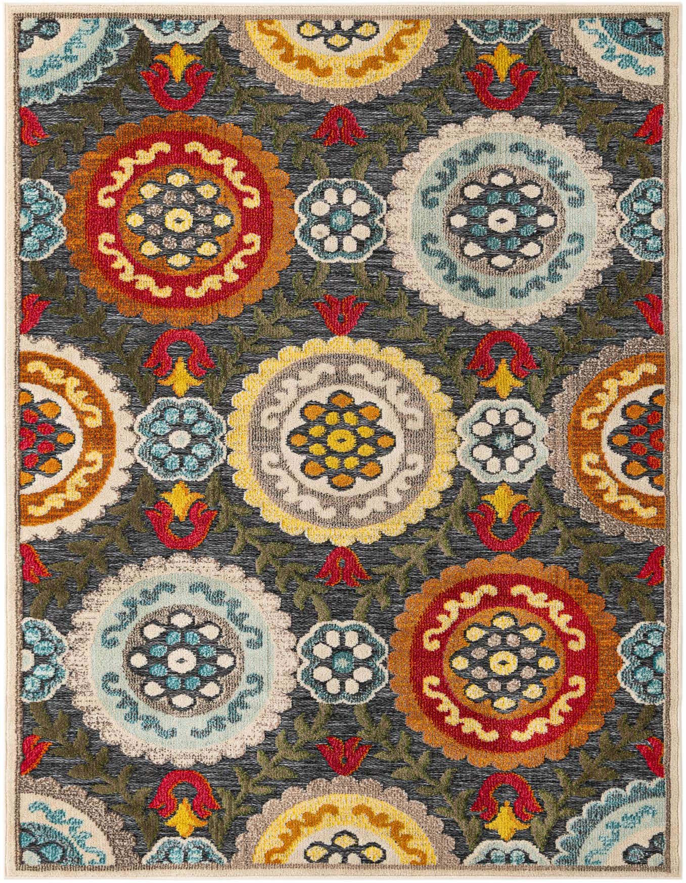 A 5x7 rectangular gray outdoor rug with a vibrant modern medallion pattern in red, yellow, blue, and orange.