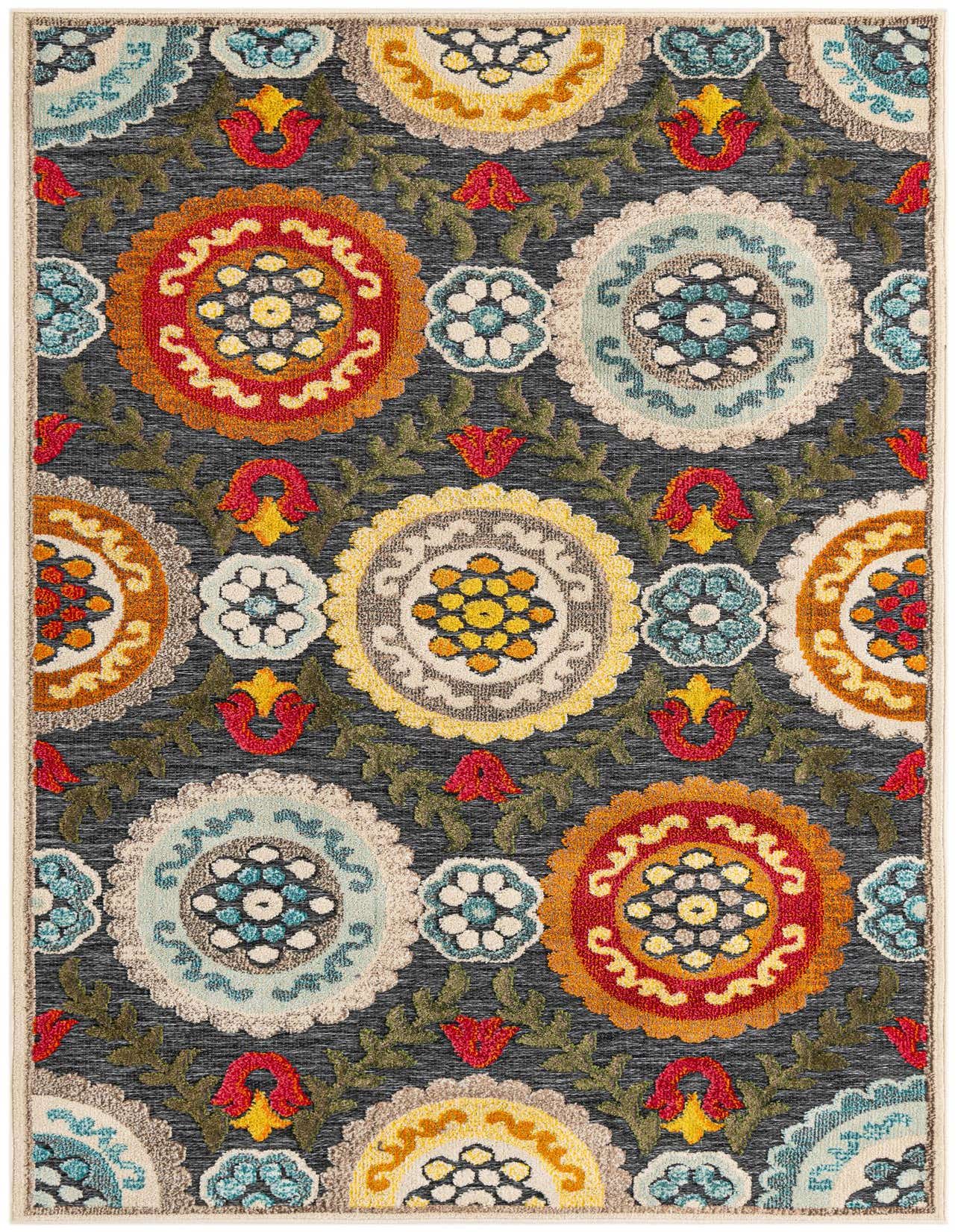 A 5x8 rectangular indoor/outdoor rug with a modern floral medallion pattern in vibrant red, yellow, blue, and orange on a gray background.