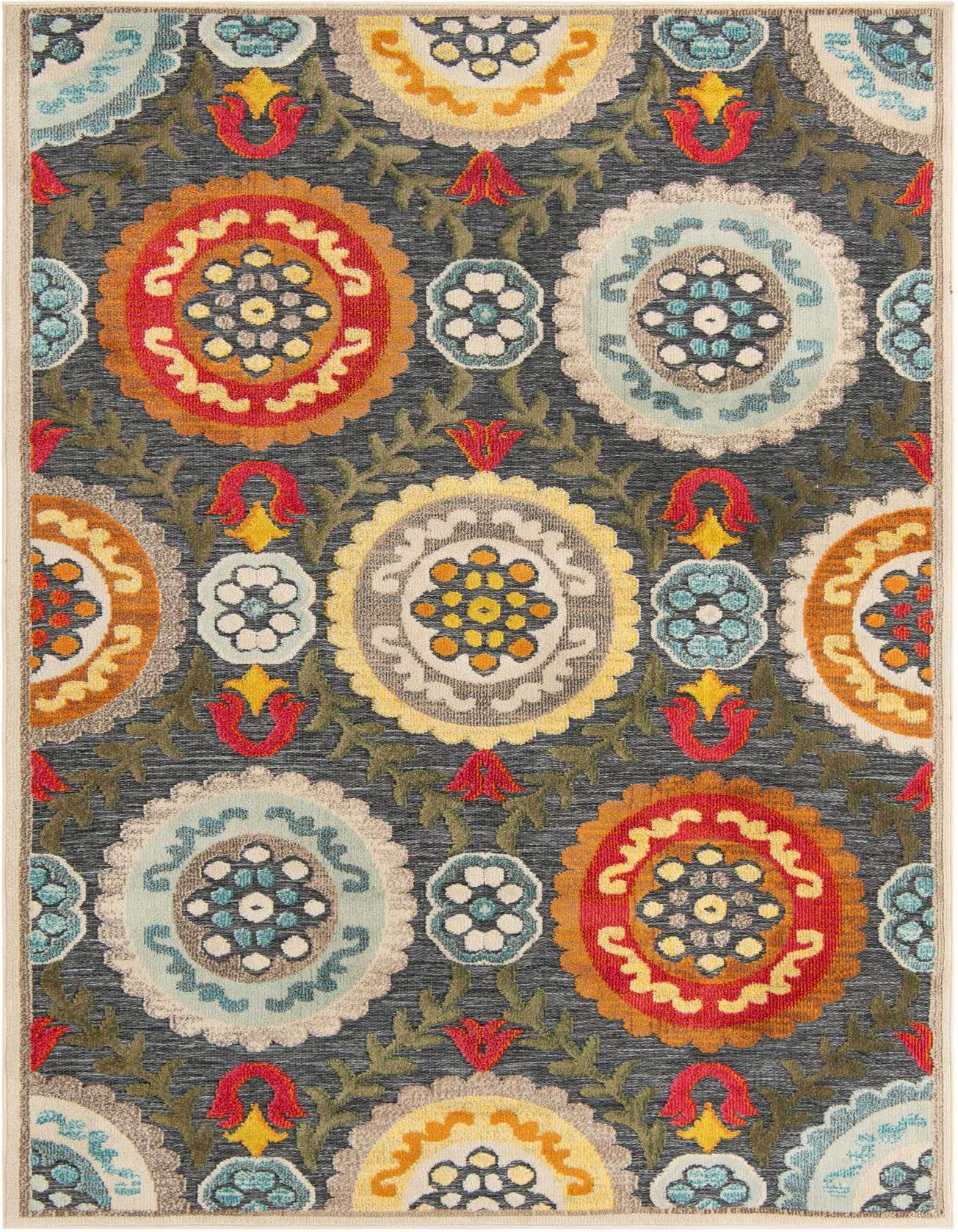 A 6x9 rectangular gray rug with a vibrant modern medallion and floral pattern in red, orange, yellow, and blue.