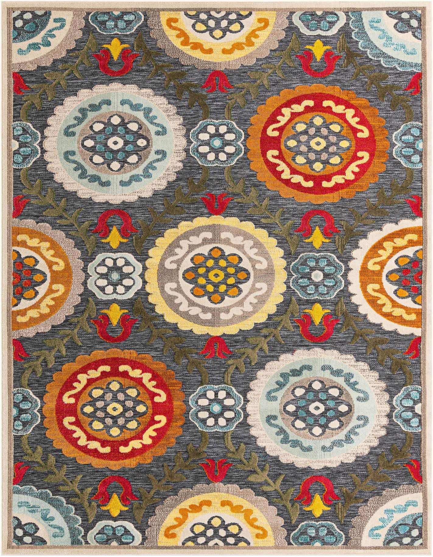 A 9x12 rectangular gray rug with a vibrant modern floral medallion pattern in red, orange, yellow, and blue, suitable for indoor or outdoor use.