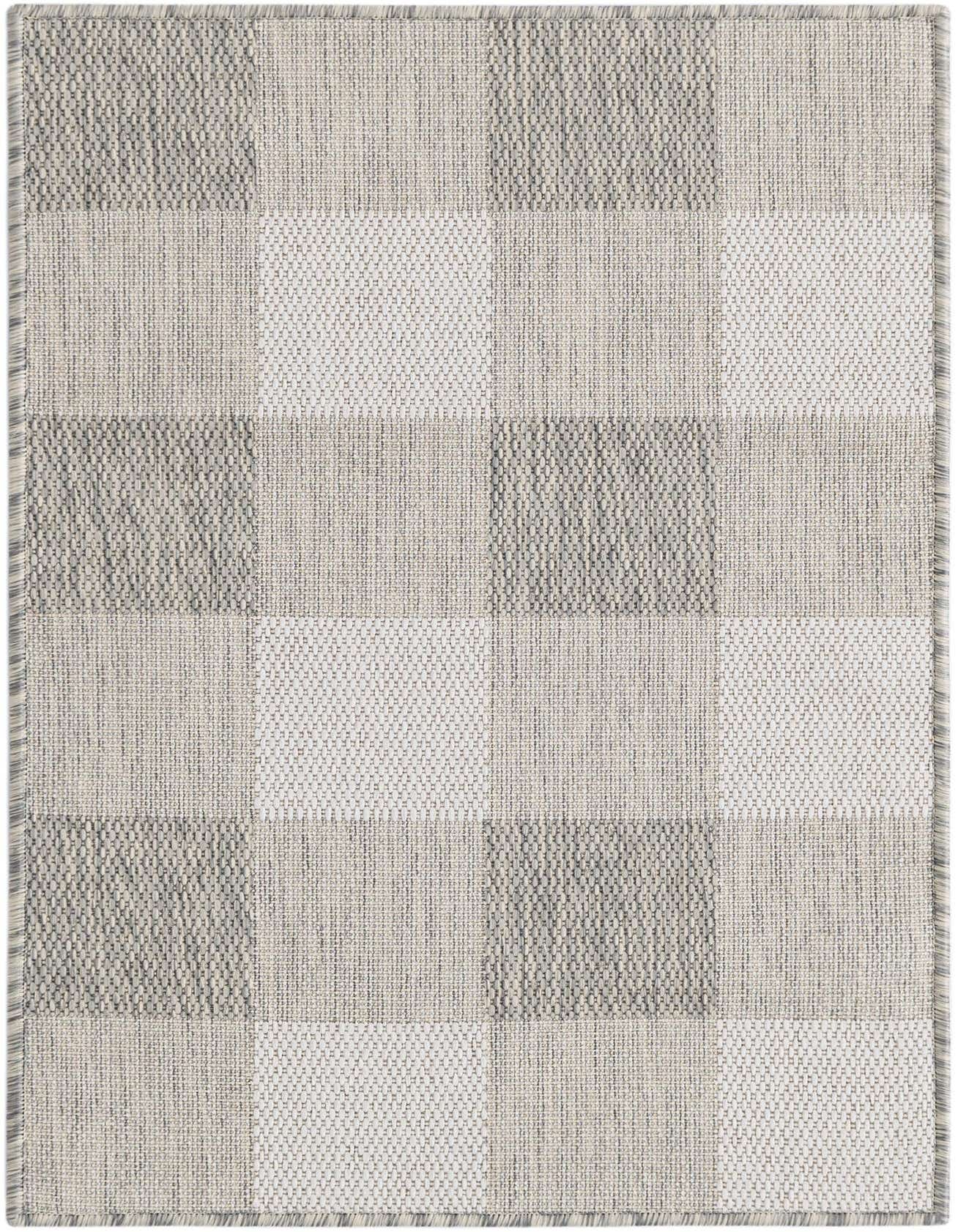 A 2x3 rectangular Rugs.com Outdoor Checkered rug featuring a modern gray and silver checkerboard pattern with a flatweave texture.