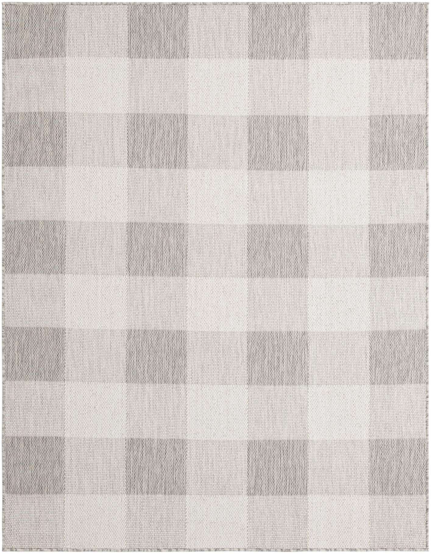 A 5x7 rectangular gray and silver checkered rug with a flatweave texture, suitable for indoor or outdoor use.