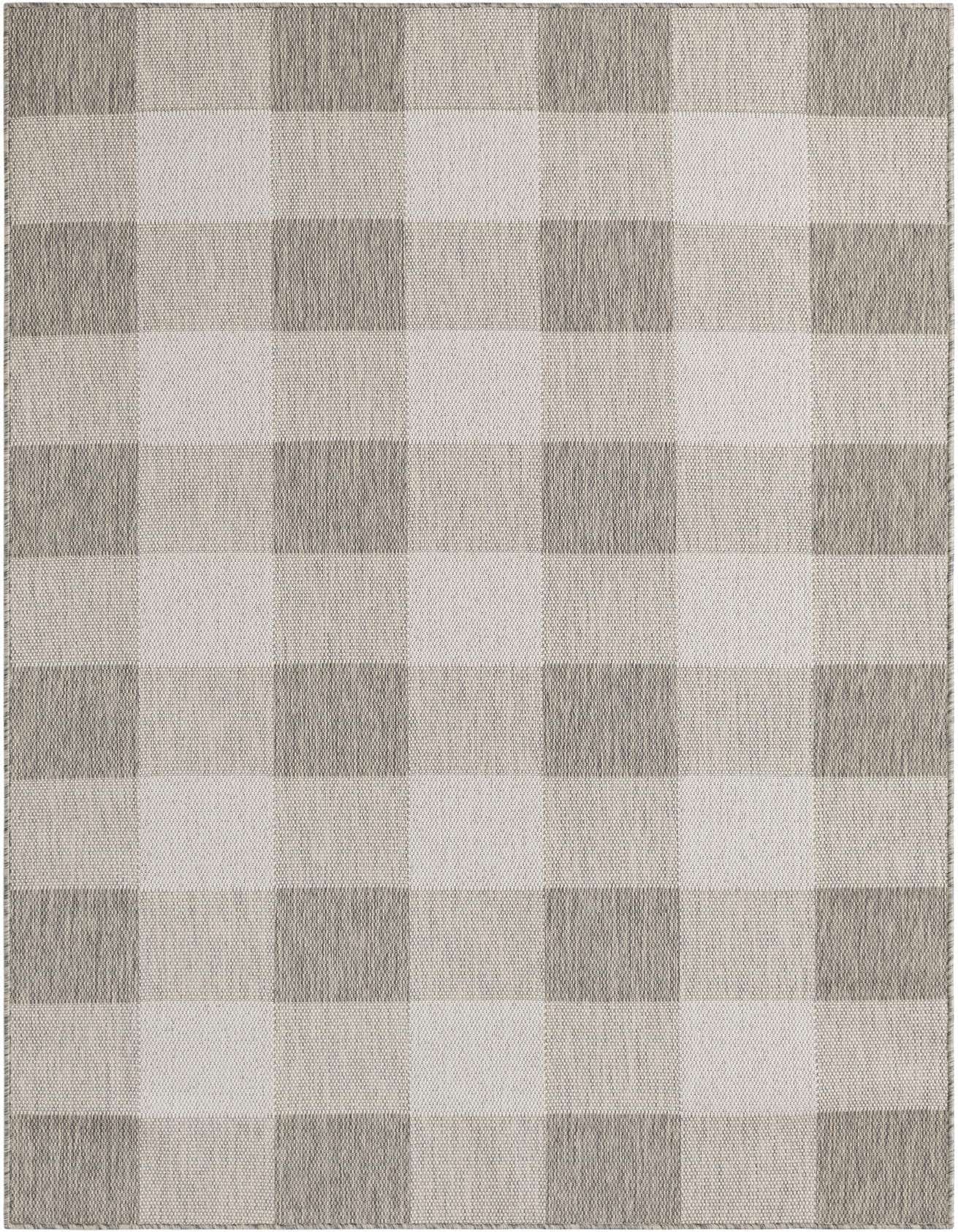 A 5x8 rectangular gray and silver checkered flatweave rug, suitable for indoor or outdoor spaces like a patio or living room.