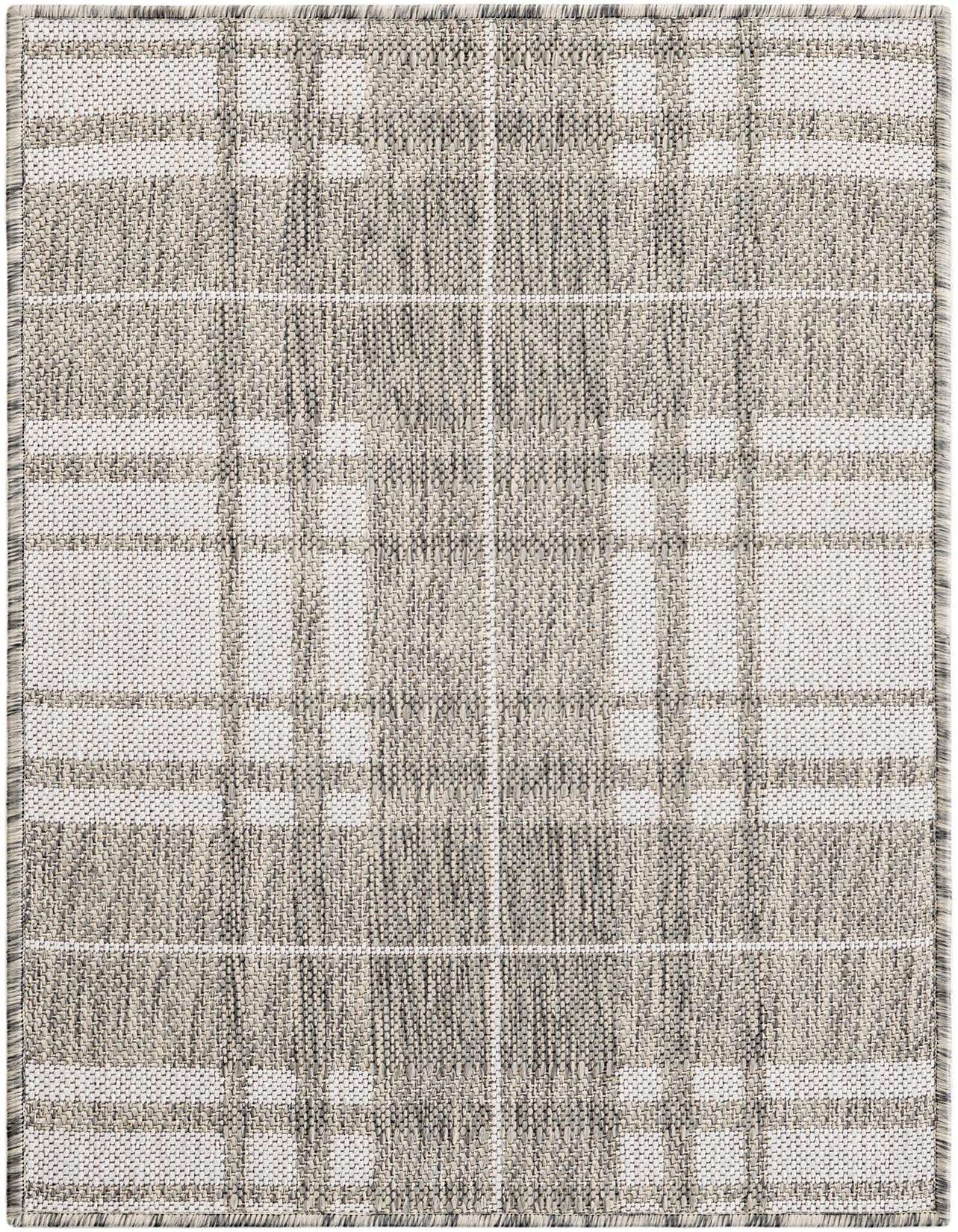 A 2x3 rectangular gray and silver modern plaid rug with a flatweave texture, suitable for indoor or outdoor use.
