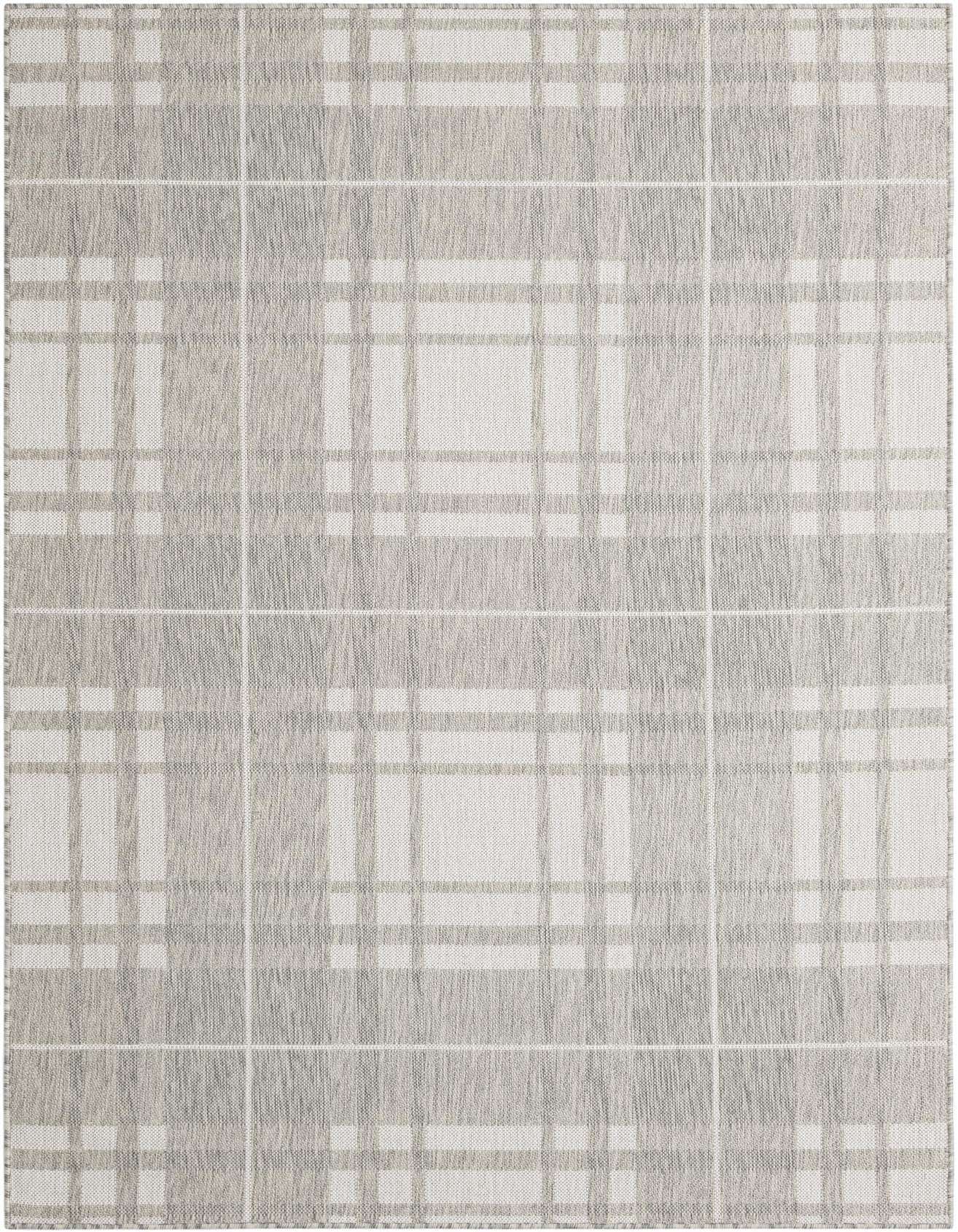 A 5x8 rectangular gray and silver modern plaid rug with a flatweave texture, suitable for indoor or outdoor use.