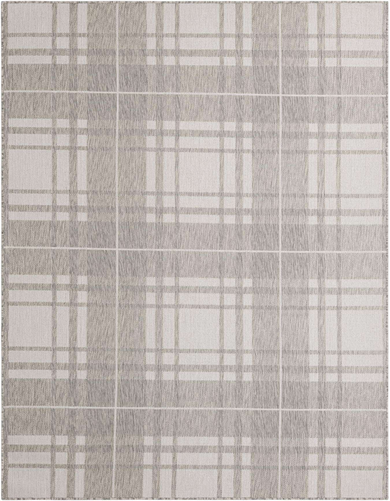 A 6x9 rectangular gray and silver modern plaid rug with a flatweave texture, suitable for indoor or outdoor use.