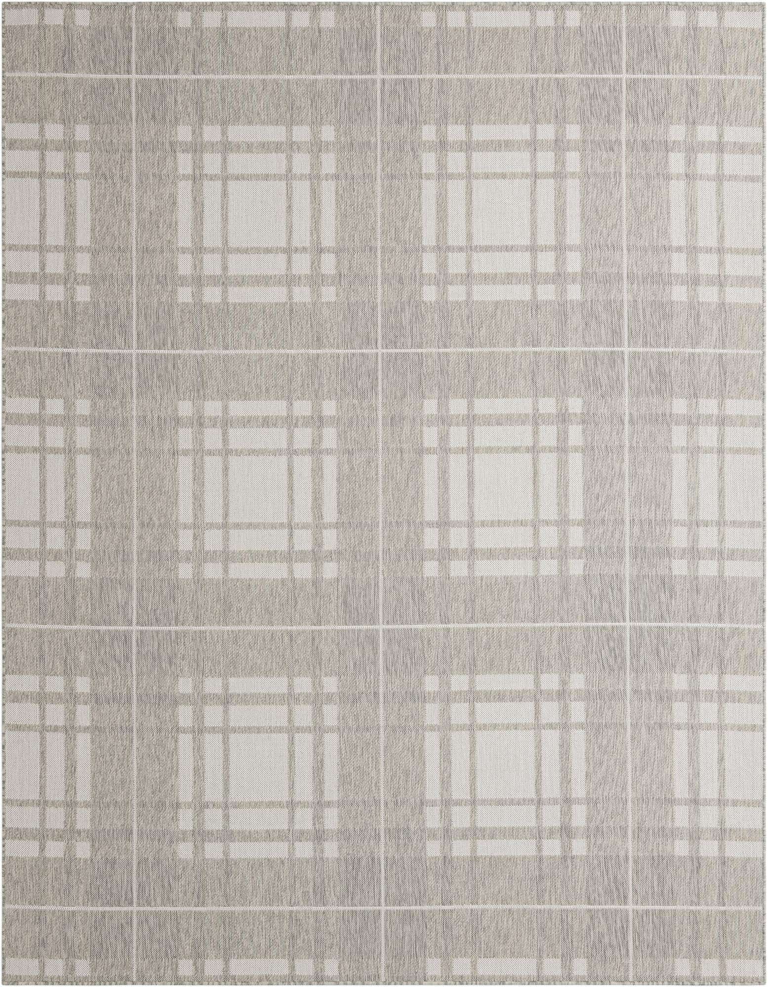 A rectangular 8x10 gray modern checkered rug with a flatweave texture, suitable for indoor or outdoor use.