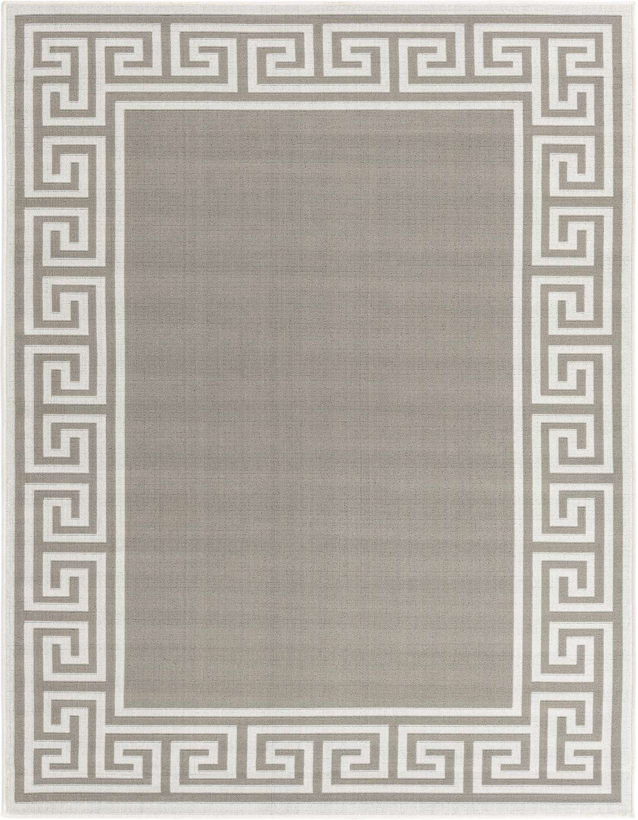 A 5x8 rectangular gray indoor/outdoor rug with a white Greek key border pattern, suitable for a living room or patio.