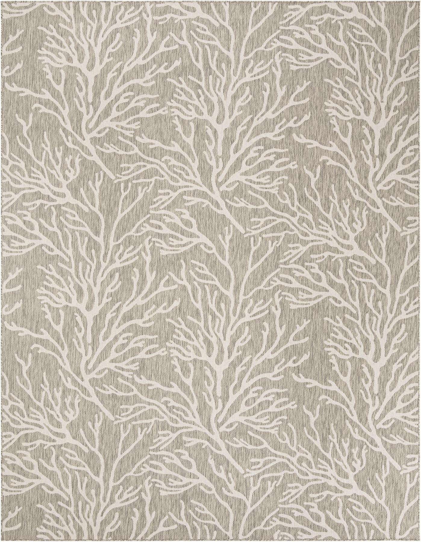 A 10x14 rectangular gray indoor/outdoor rug with a modern coastal coral pattern in off-white, suitable for a patio.