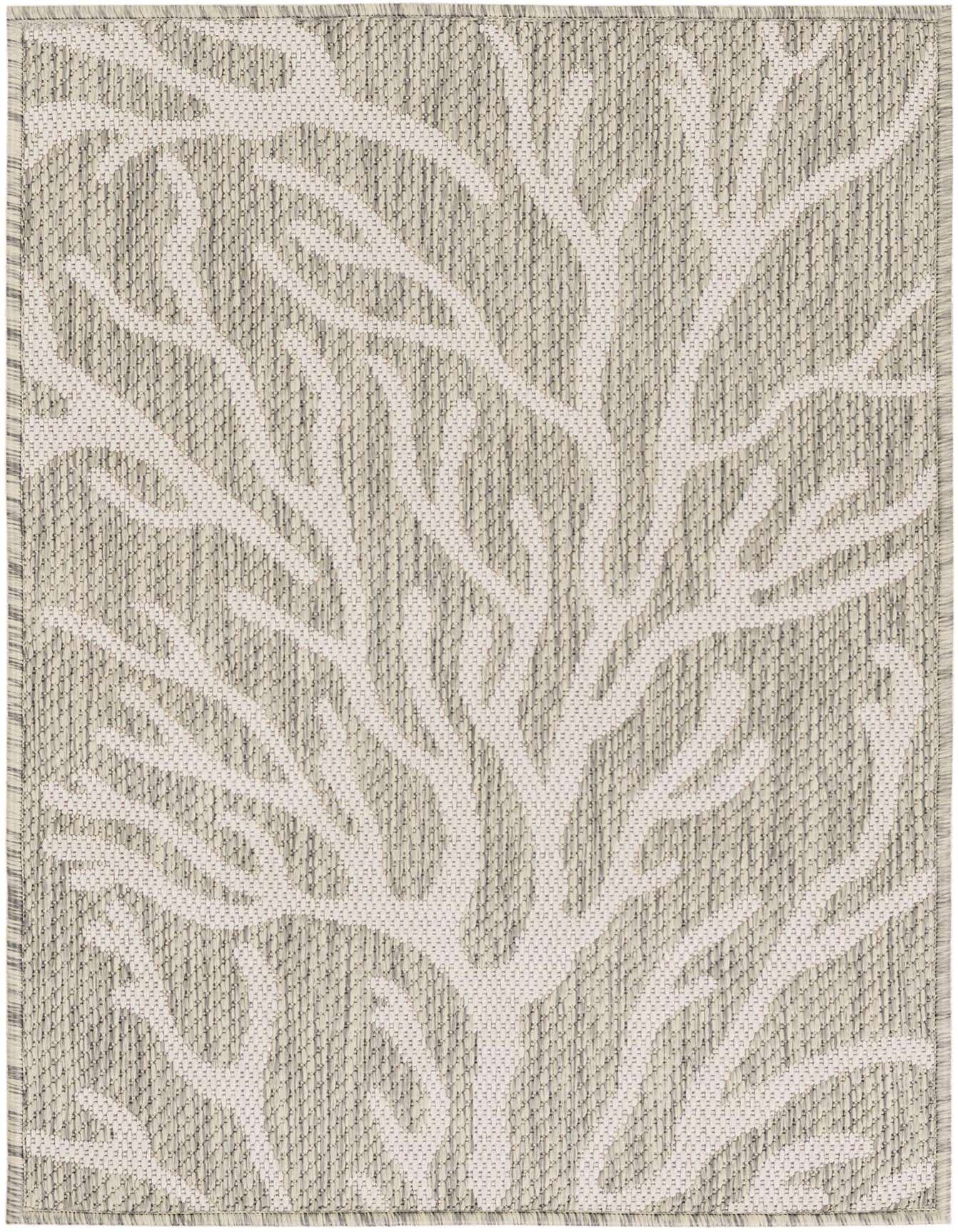 A 2x3 rectangular gray and silver indoor/outdoor rug with a modern coastal coral branch pattern, suitable for an entryway or patio.