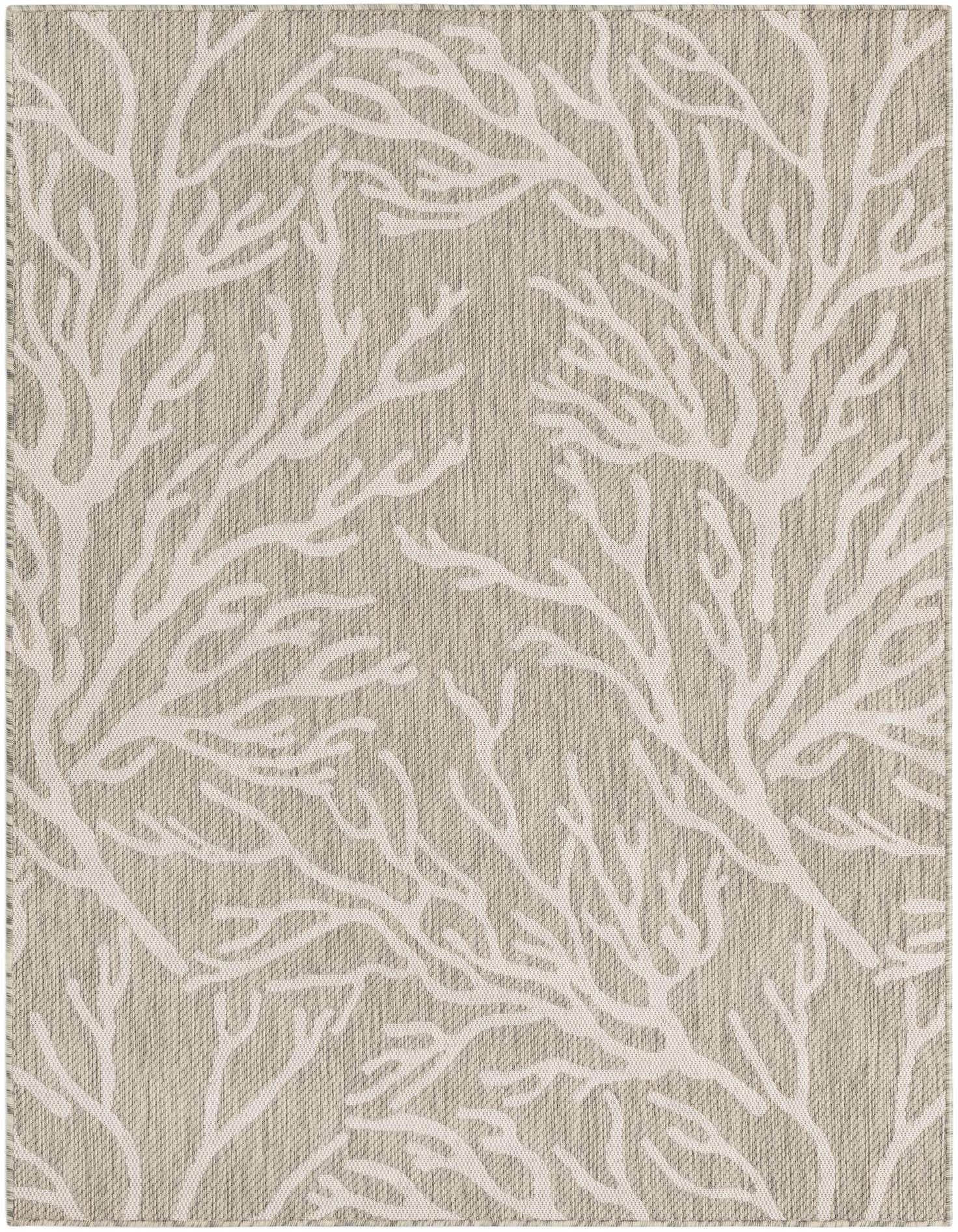 A 5x7 rectangular gray indoor/outdoor rug with a modern coastal coral branch pattern, suitable for a patio.
