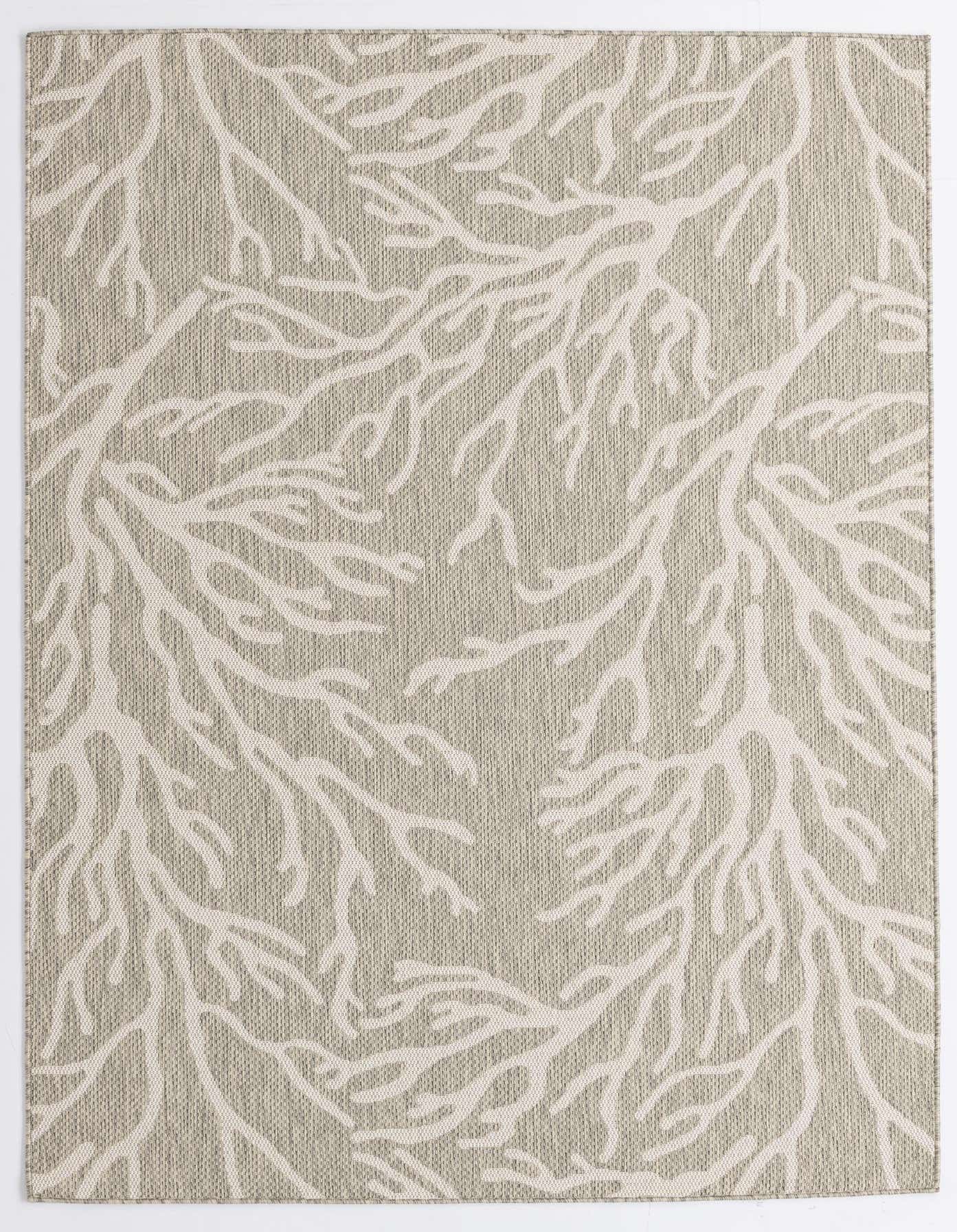 A 5x8 rectangular gray indoor/outdoor rug with a modern coastal coral-like pattern, ideal for a patio or living room.