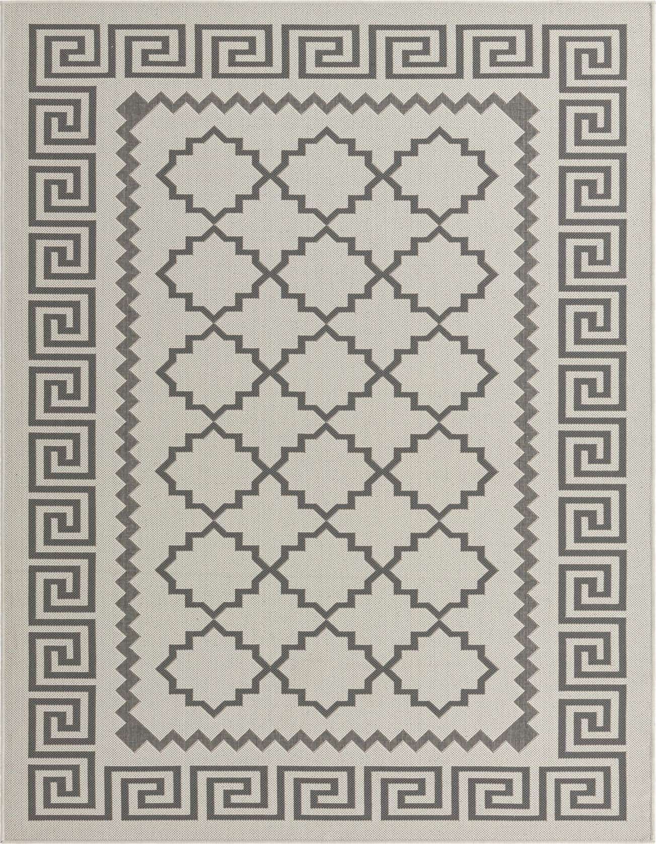 A 5x8 rectangular gray indoor/outdoor rug with a modern trellis pattern and a Greek key border.
