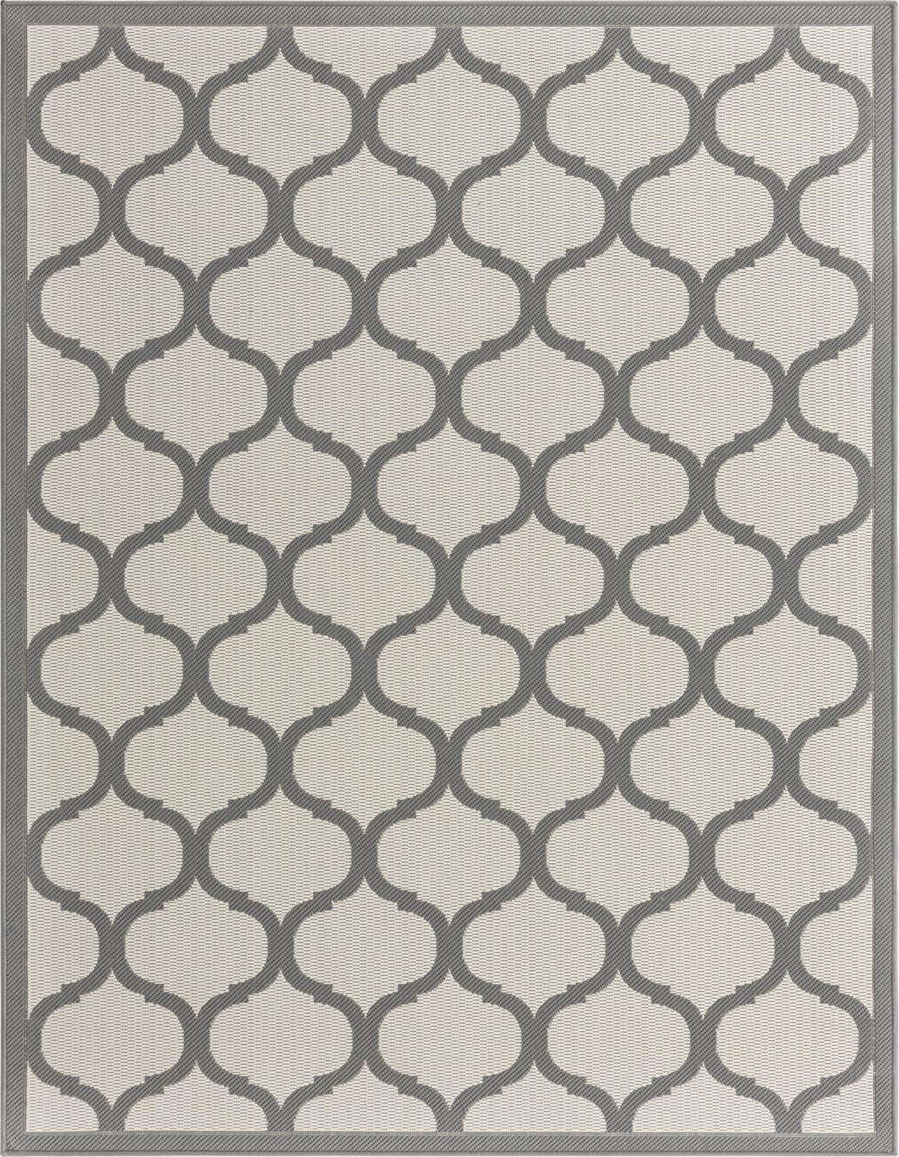 A 5x8 rectangular gray and silver modern trellis rug, suitable for indoor or outdoor use.