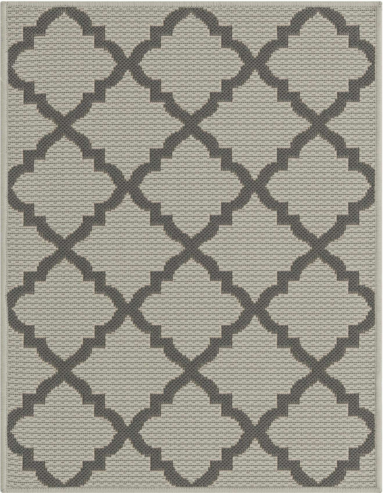 A 2x3 rectangular gray and silver modern trellis rug with a flatweave texture, suitable for indoor or outdoor use.