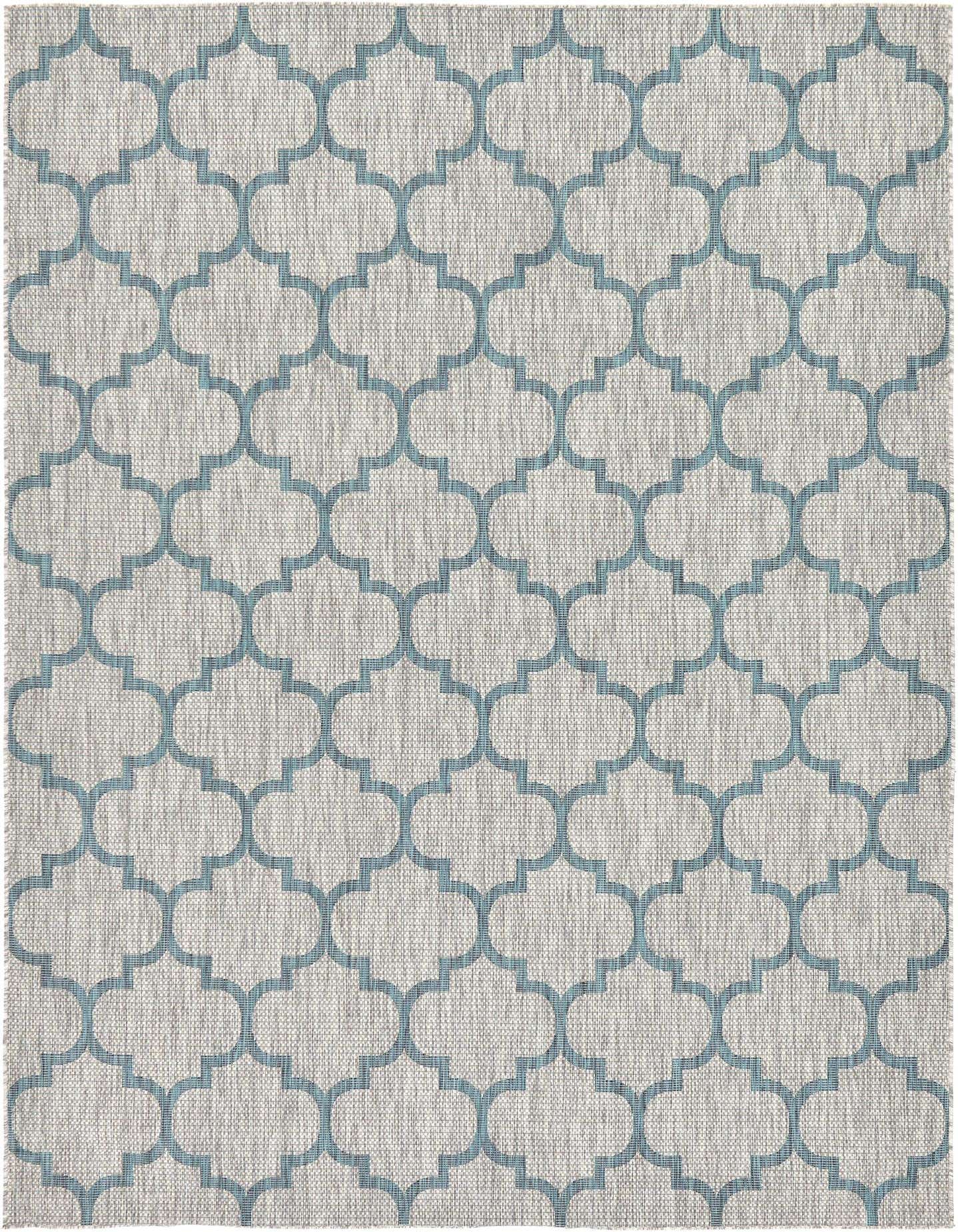 A rectangular 8x11 gray and teal trellis pattern rug with a flatweave texture, suitable for indoor or outdoor use.