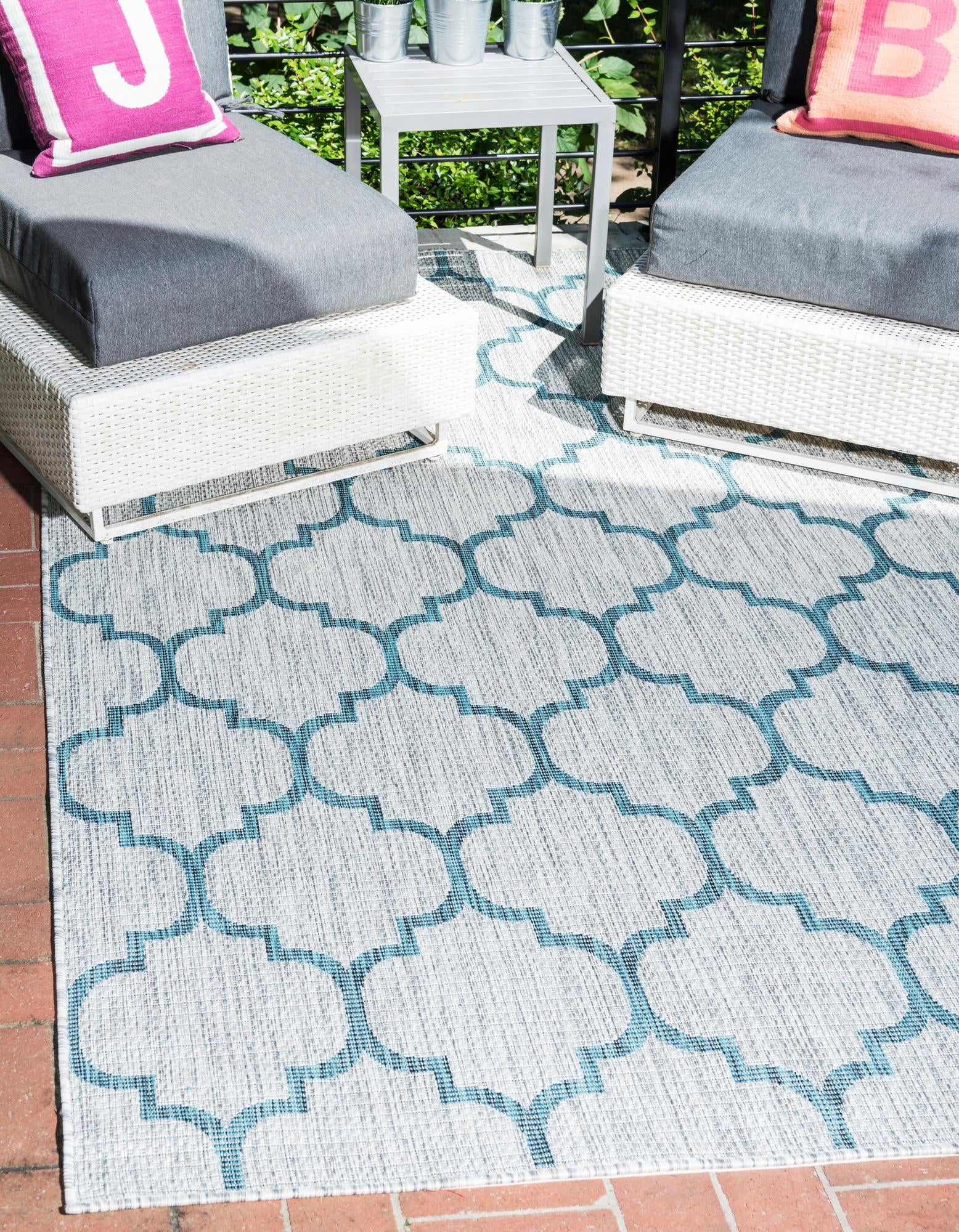  Custom Gray  Washable Lattice Indoor / Outdoor Rug