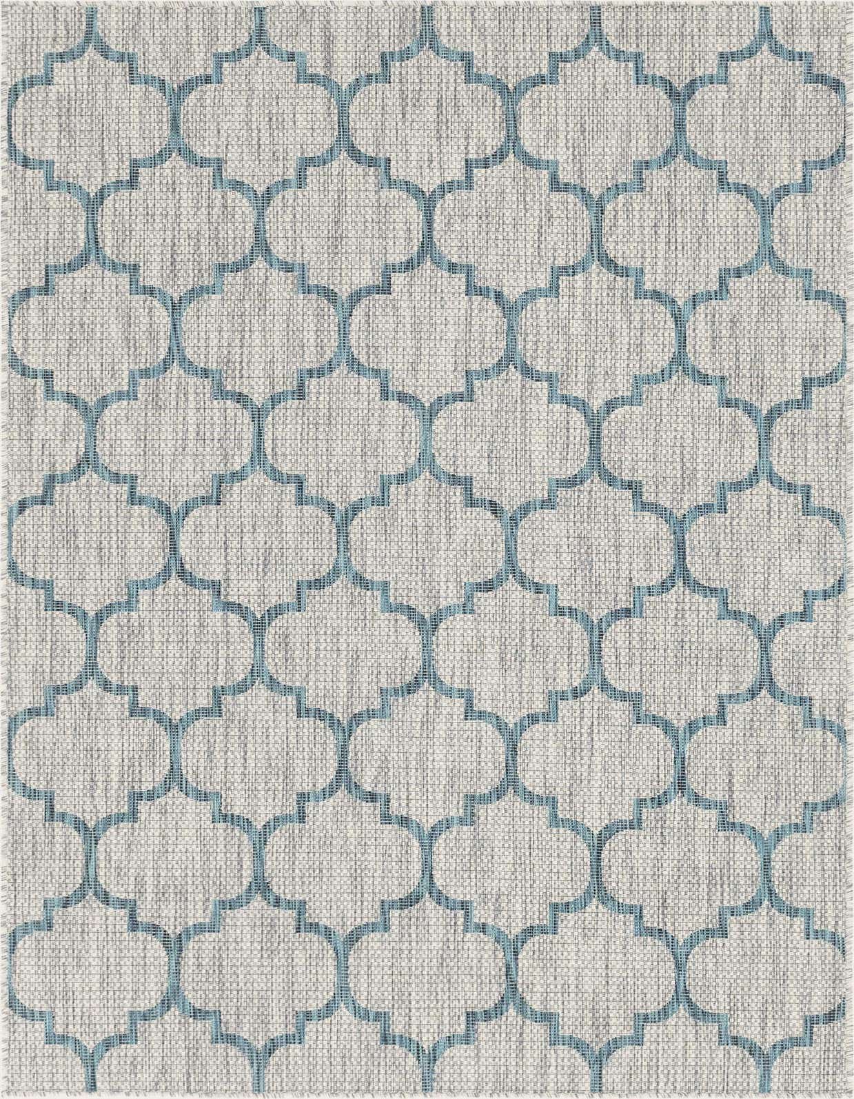 A 5x8 rectangular gray and silver indoor/outdoor rug with a repeating blue trellis pattern, suitable for a patio or living room.