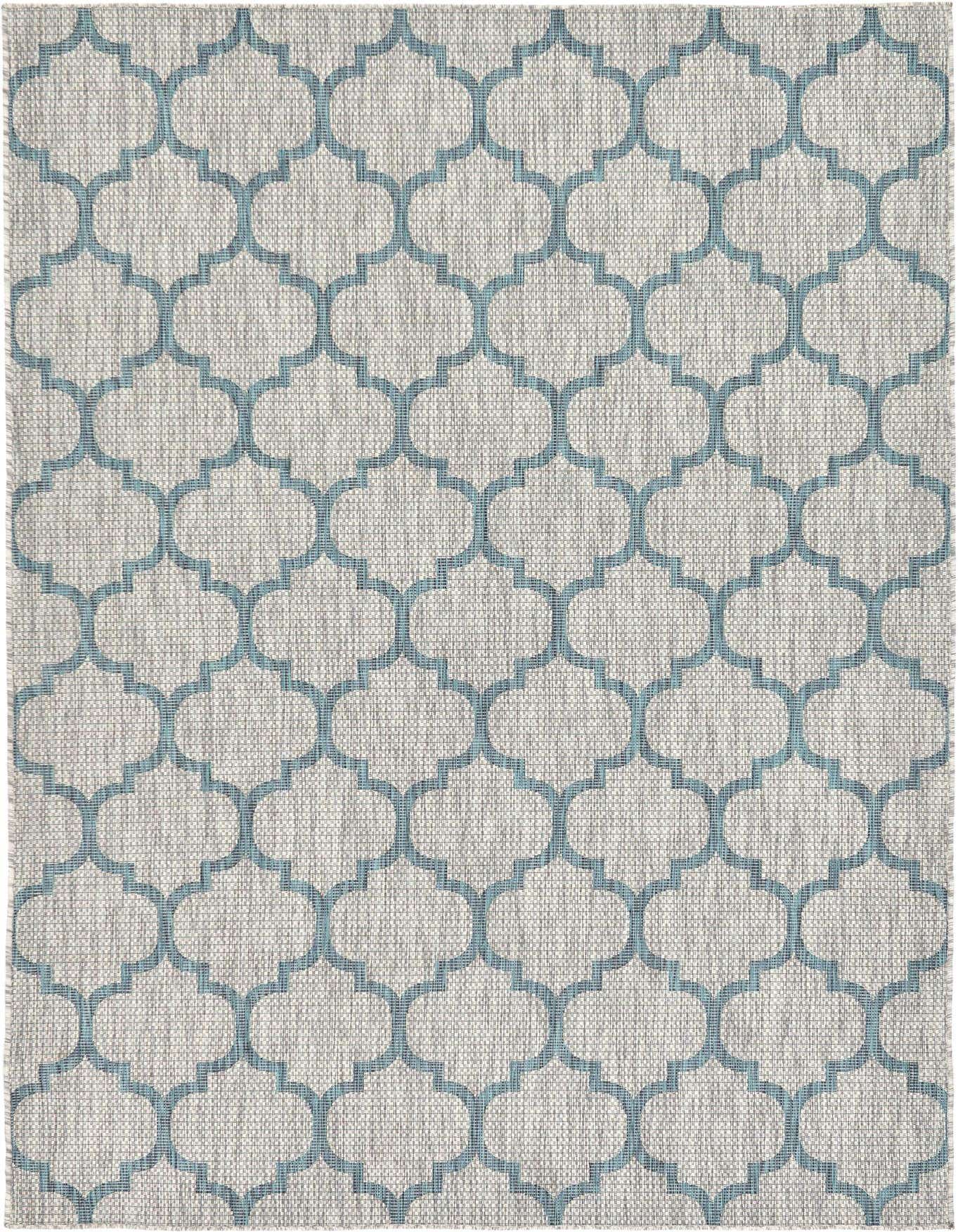 A 6x9 gray rectangular indoor/outdoor rug with a teal Moroccan trellis pattern, suitable for a patio or living room.