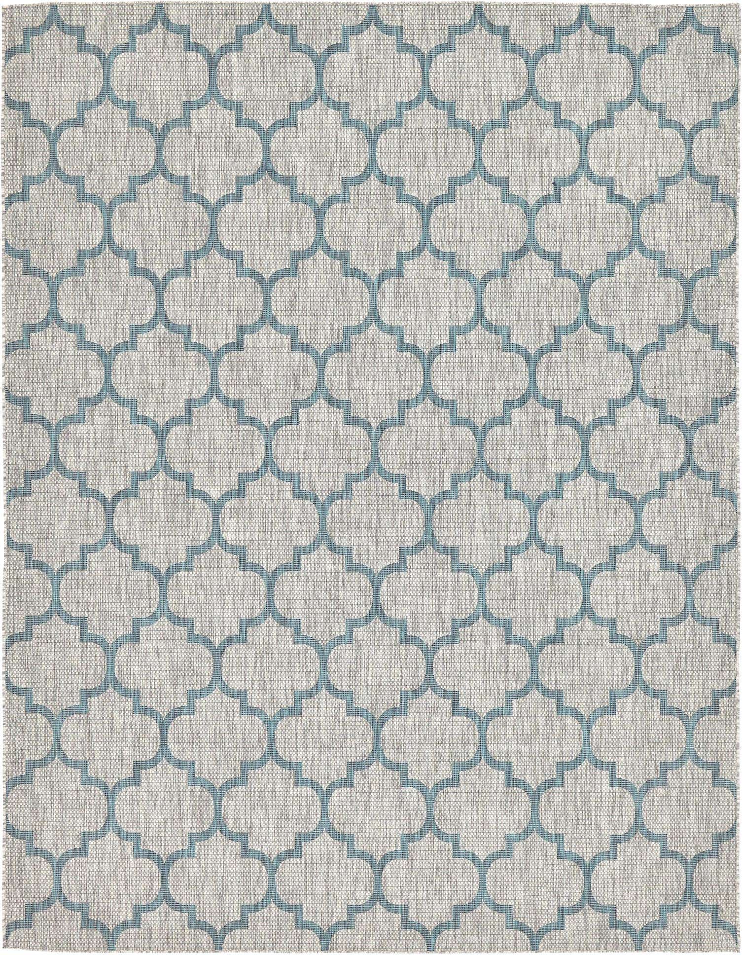 A 9x12 rectangular gray and teal indoor/outdoor rug with a modern trellis pattern, suitable for a patio or living room.
