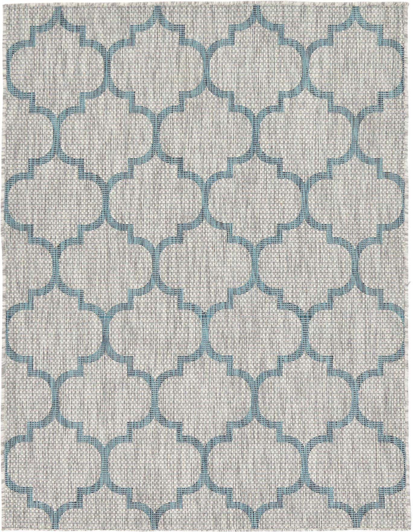 A 4x6 rectangular gray flatweave rug with a repeating teal trellis pattern, suitable for indoor or outdoor use.
