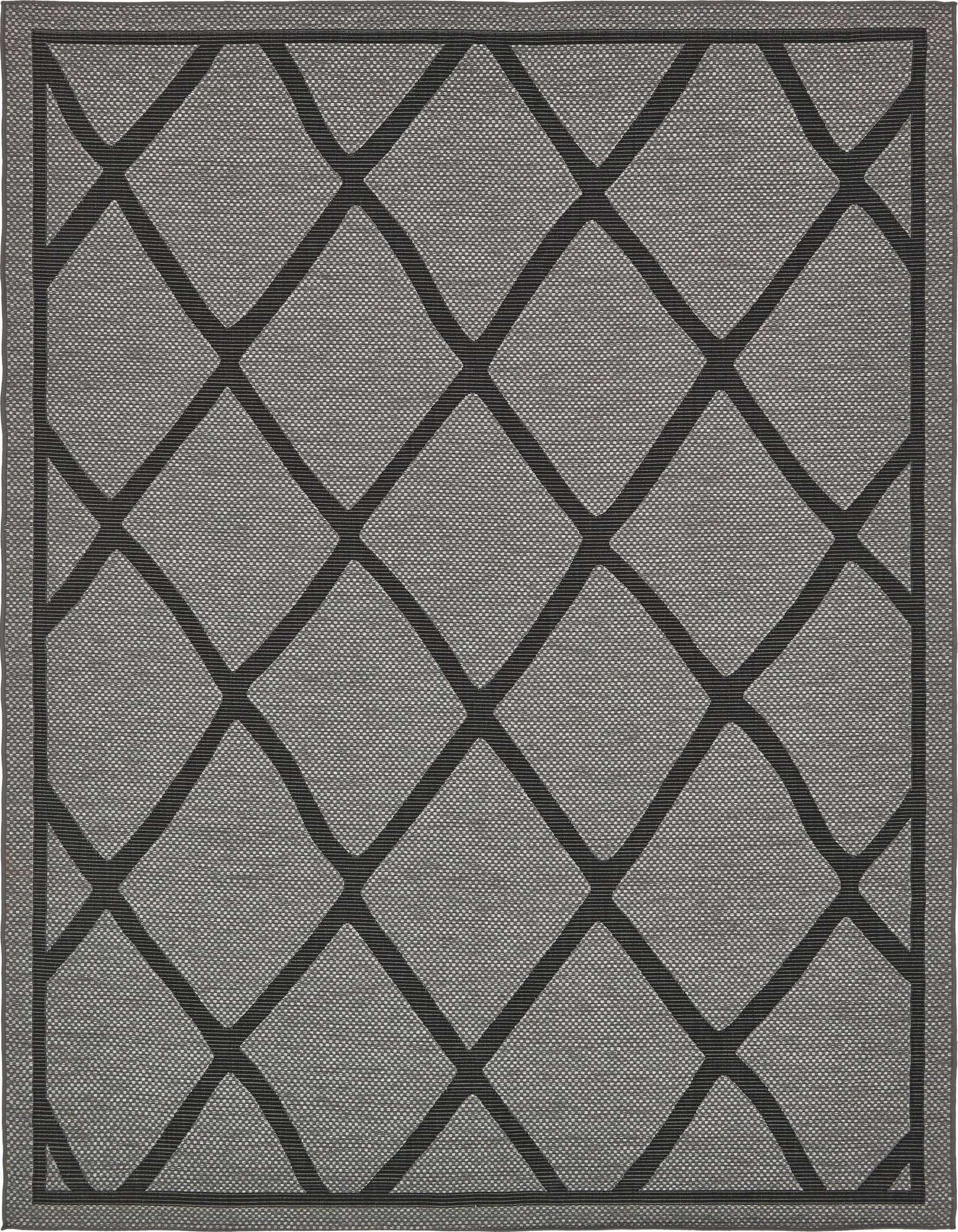 A 9x12 rectangular gray indoor/outdoor rug with a modern dark gray trellis pattern and flatweave texture.