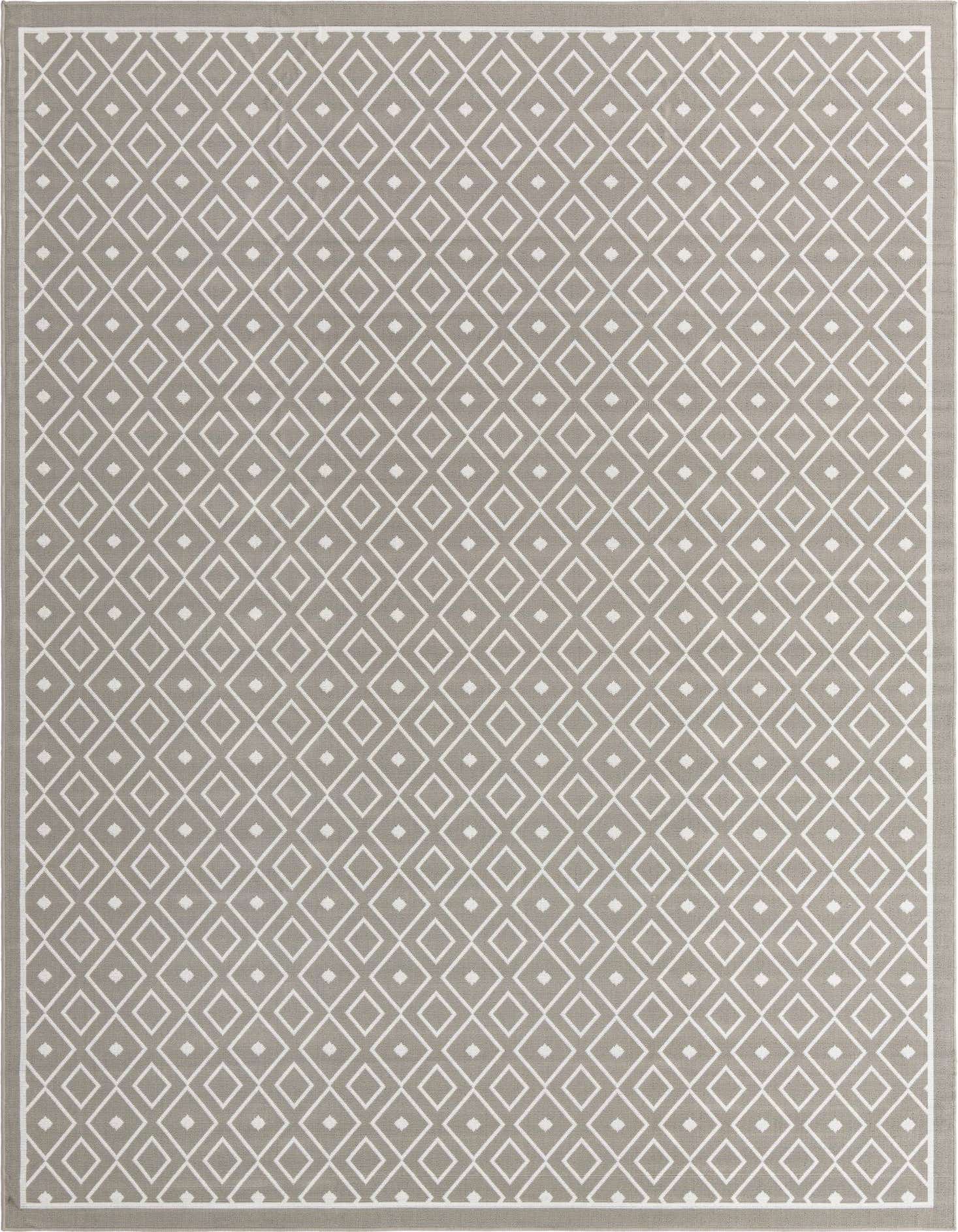 A 9x12 rectangular gray indoor/outdoor rug with a modern Scandinavian lattice pattern, featuring white diamonds on a flatweave.