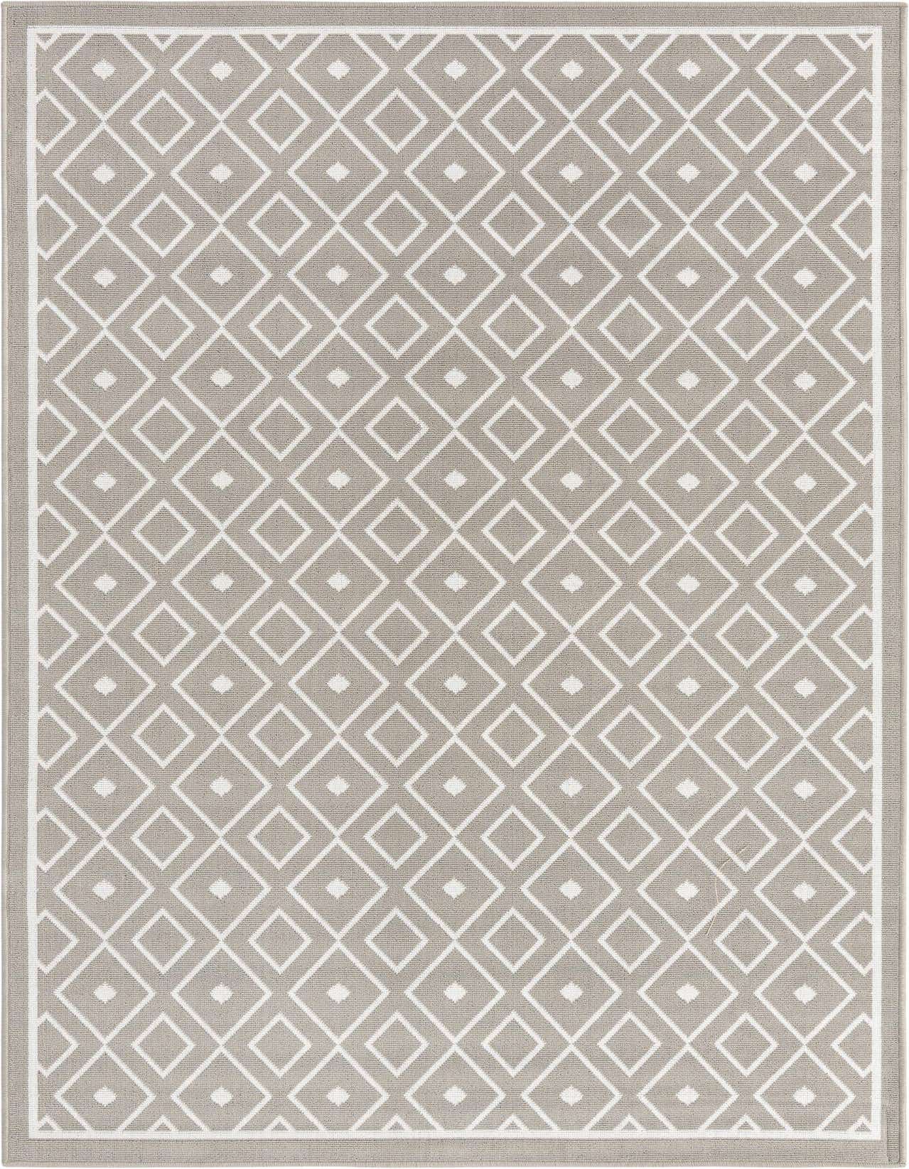 A 5x8 rectangular gray and white Scandinavian flatweave rug with a modern lattice diamond pattern, suitable for indoor or outdoor use.