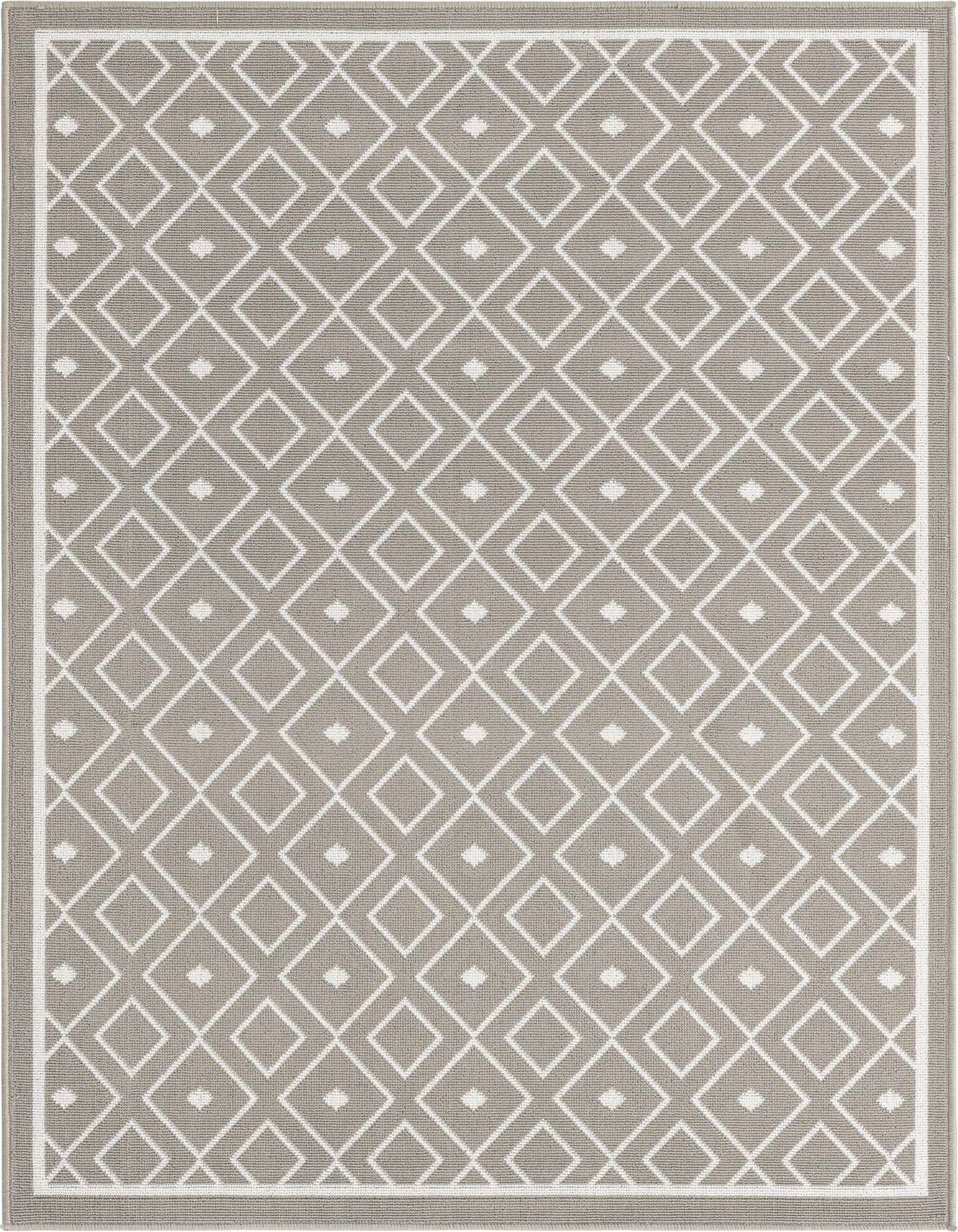 A 4x6 rectangular gray indoor/outdoor rug with a modern white trellis pattern and a subtle border.