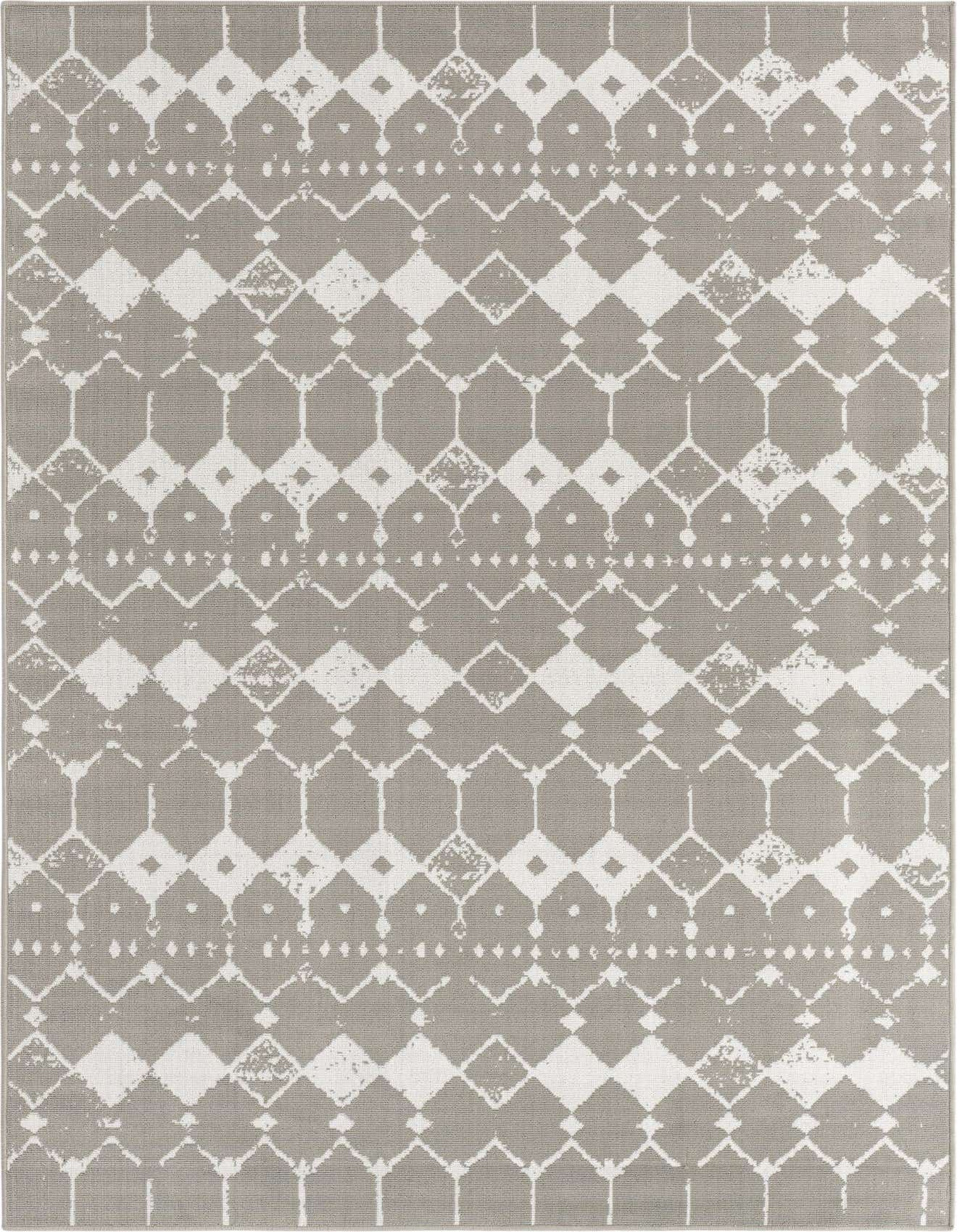 A 6x9 rectangular gray and white indoor/outdoor rug with a distressed geometric lattice and bohemian pattern.