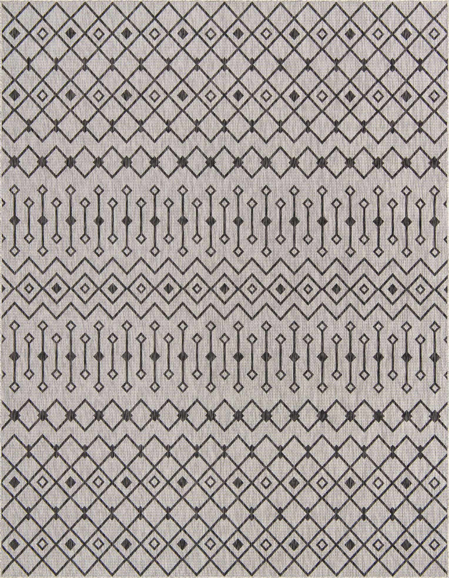A 10x13 rectangular gray flatweave rug with a modern tribal pattern of interlocking diamonds and vertical dashes.