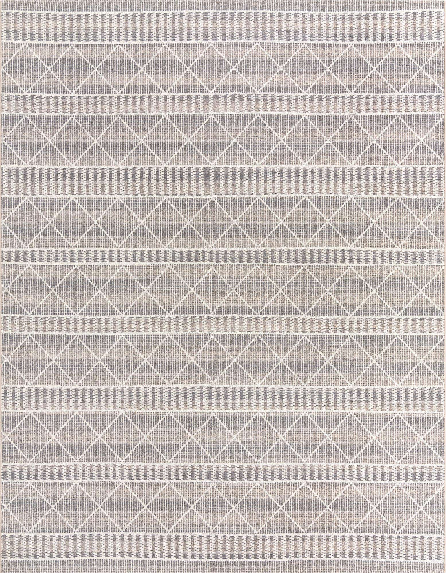 A 10x12 rectangular gray and silver indoor/outdoor rug with a textured tribal trellis pattern.
