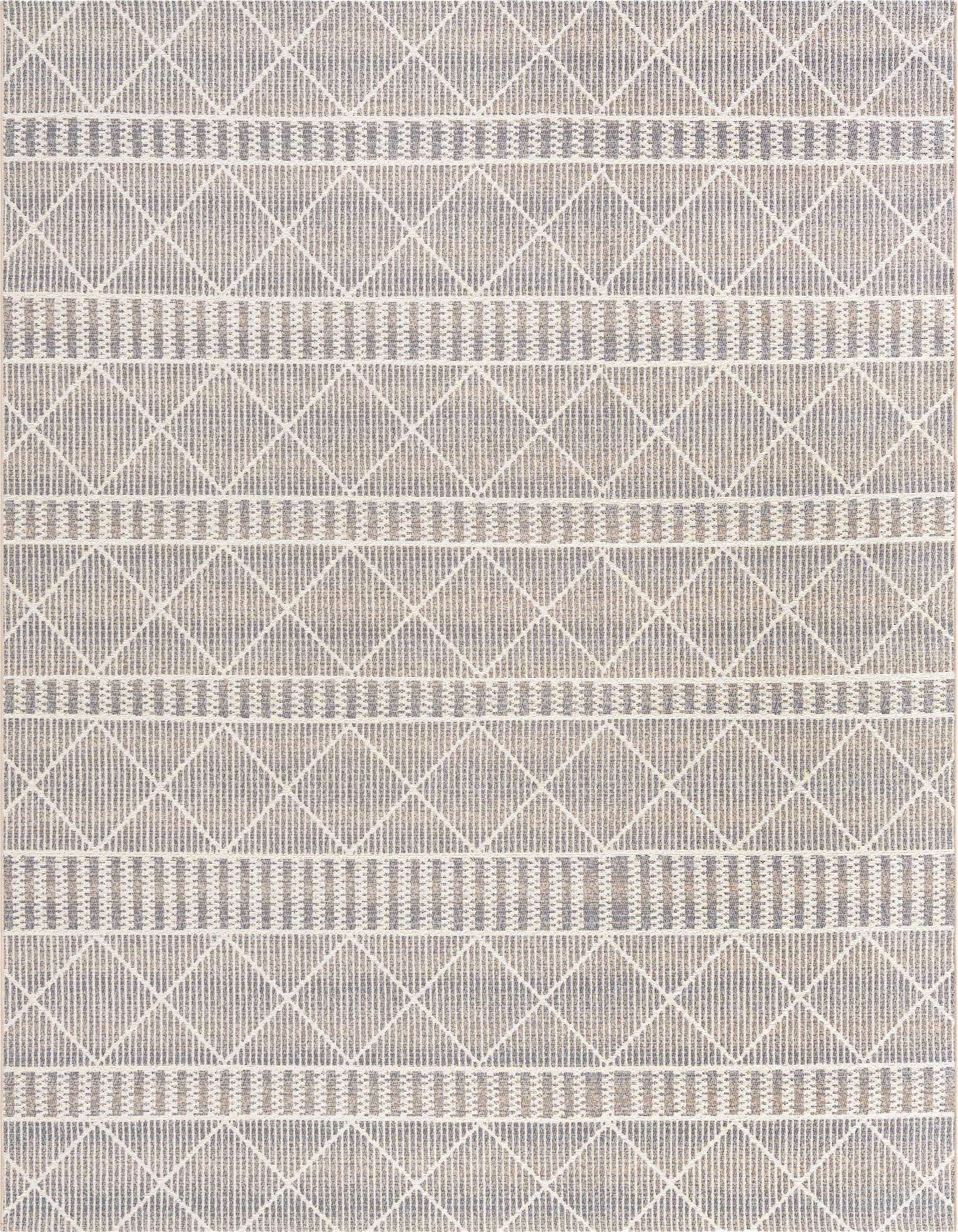 A gray and silver 8x10 rectangular rug with a modern tribal trellis pattern, ideal for indoor or outdoor use.