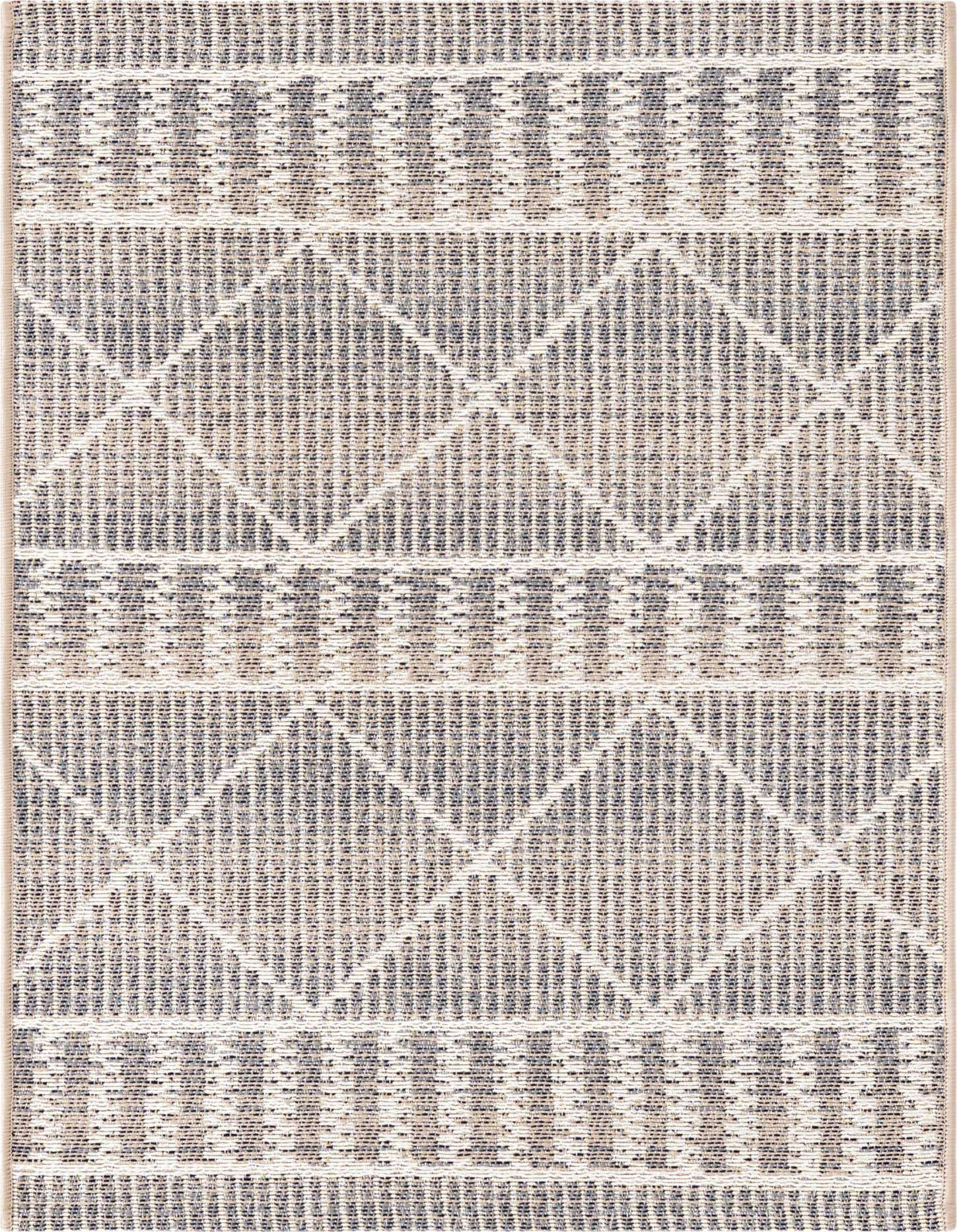 A 2x3 rectangular gray and silver indoor/outdoor rug with a modern bohemian trellis pattern and flatweave texture.