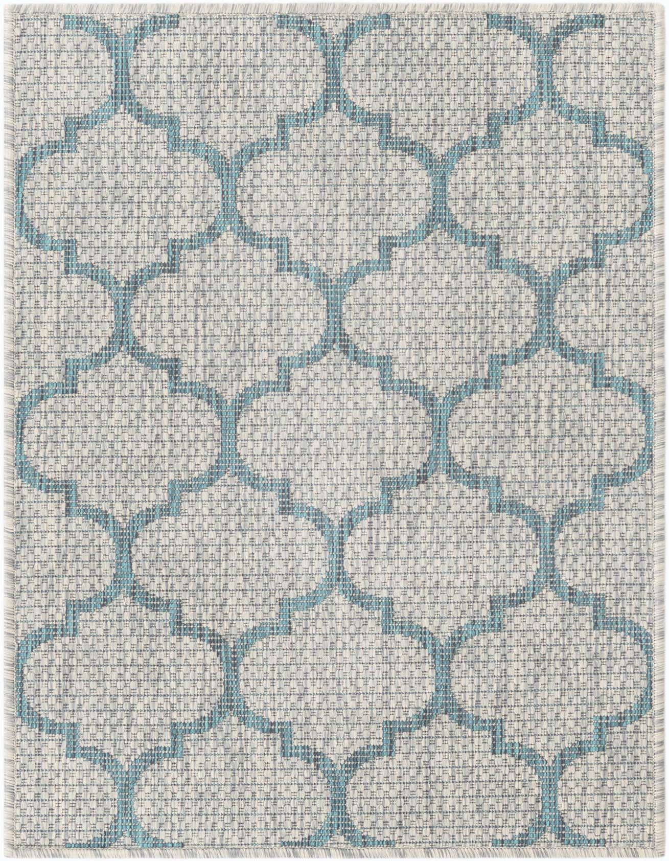 A 2x3 rectangular gray and teal flatweave rug with a modern trellis pattern, suitable for indoor or outdoor use.