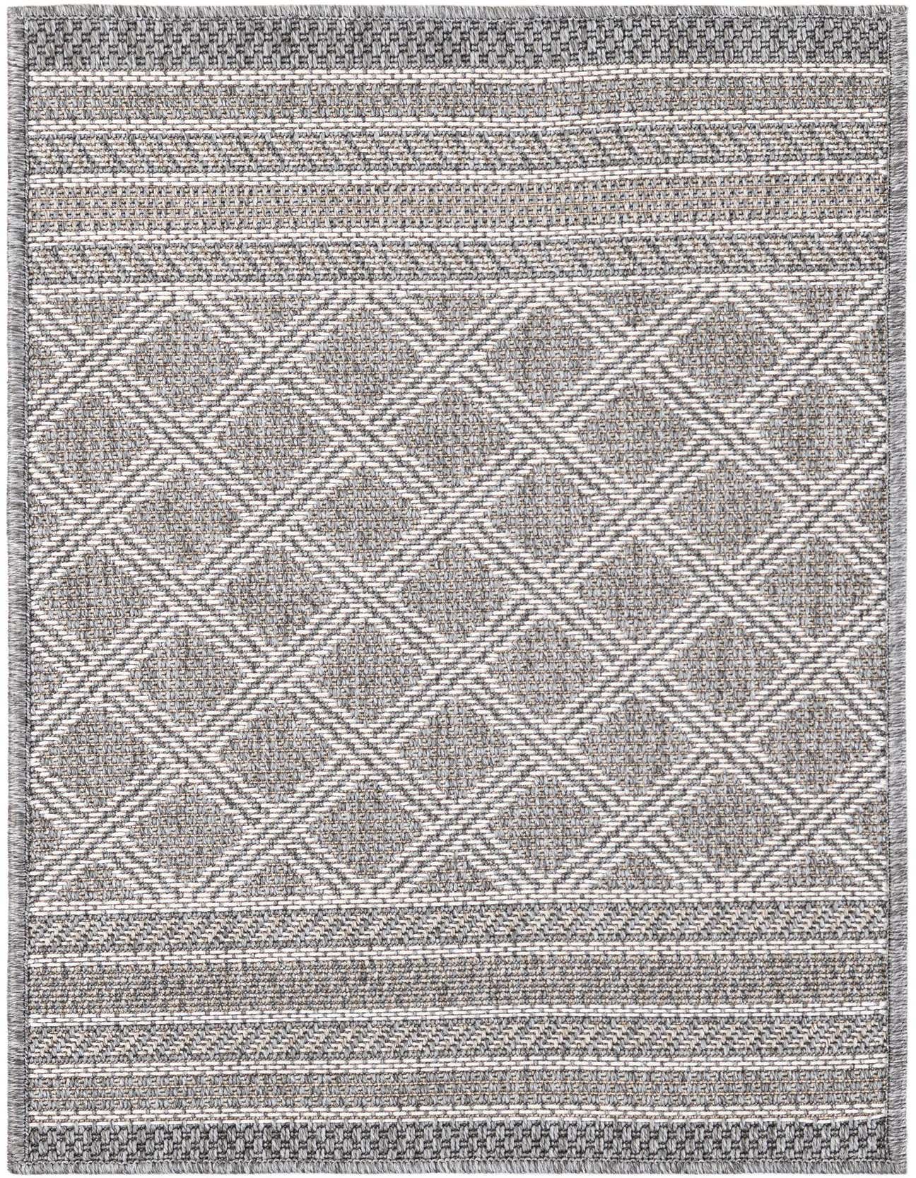 A 2x3 rectangular gray and silver modern flatweave rug with a geometric lattice pattern and striped borders.