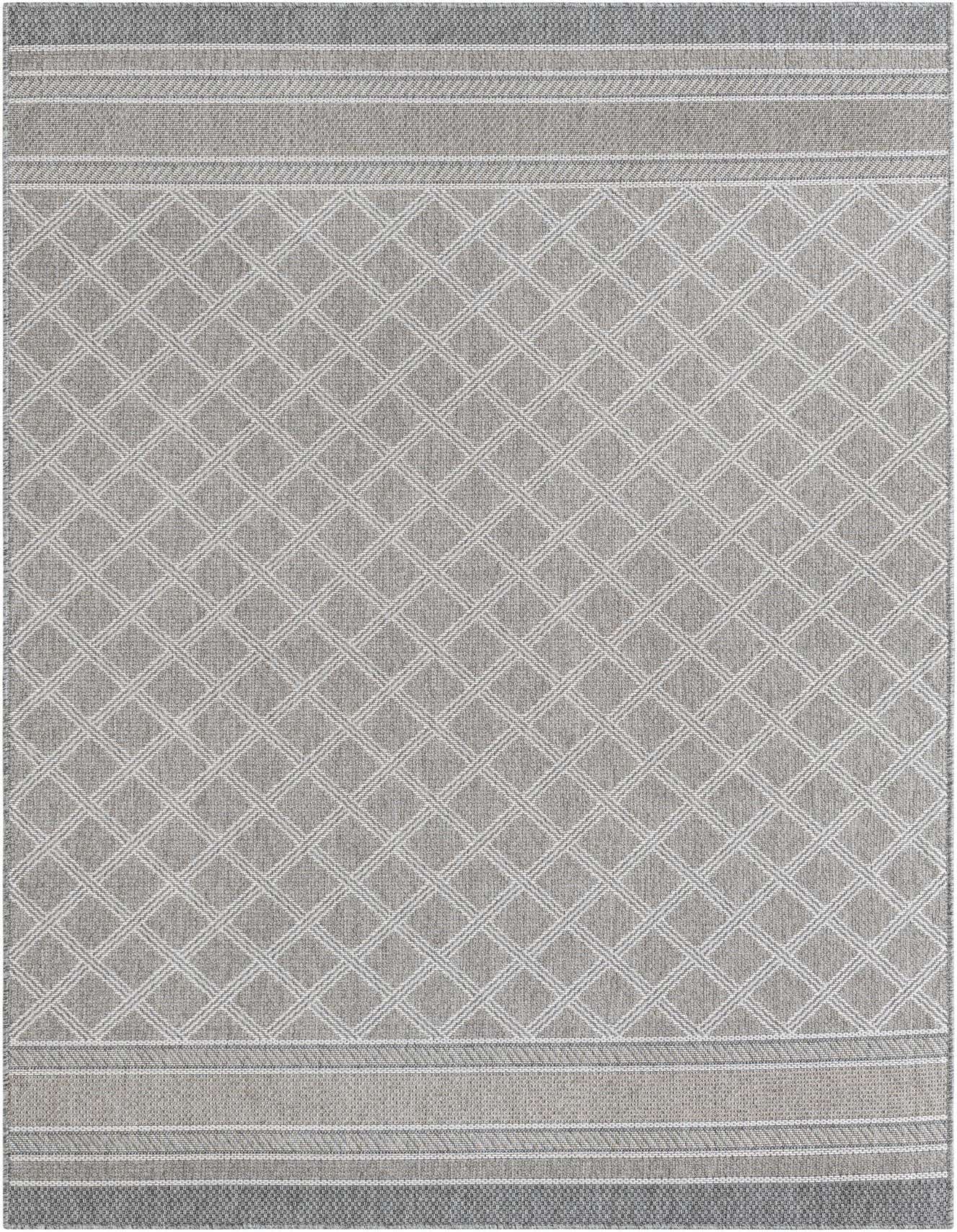 A 6x9 rectangular gray indoor/outdoor rug with a modern lattice pattern and striped borders.