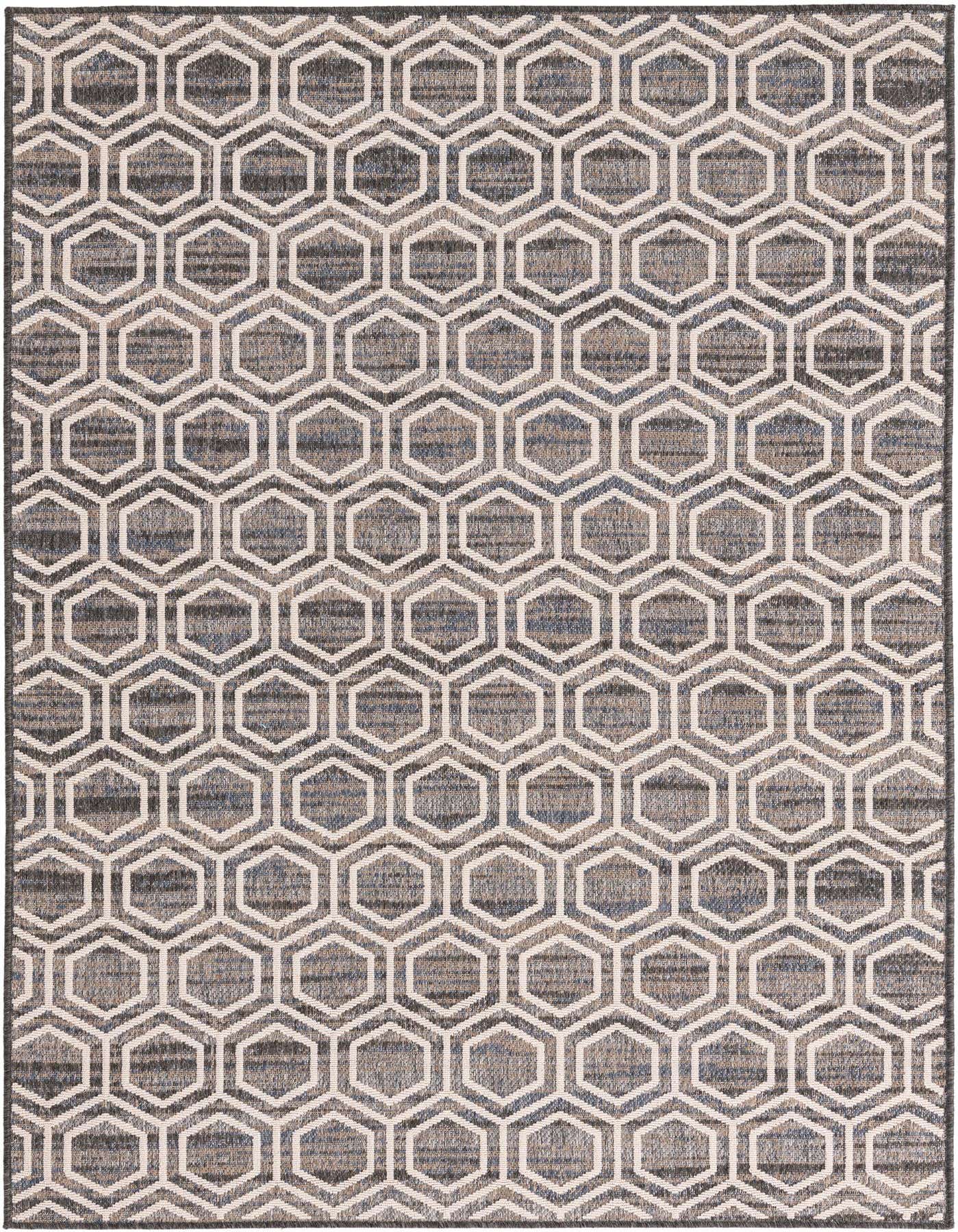 A 5x8 rectangular gray modern rug with a repeating geometric honeycomb pattern, suitable for indoor or outdoor use.