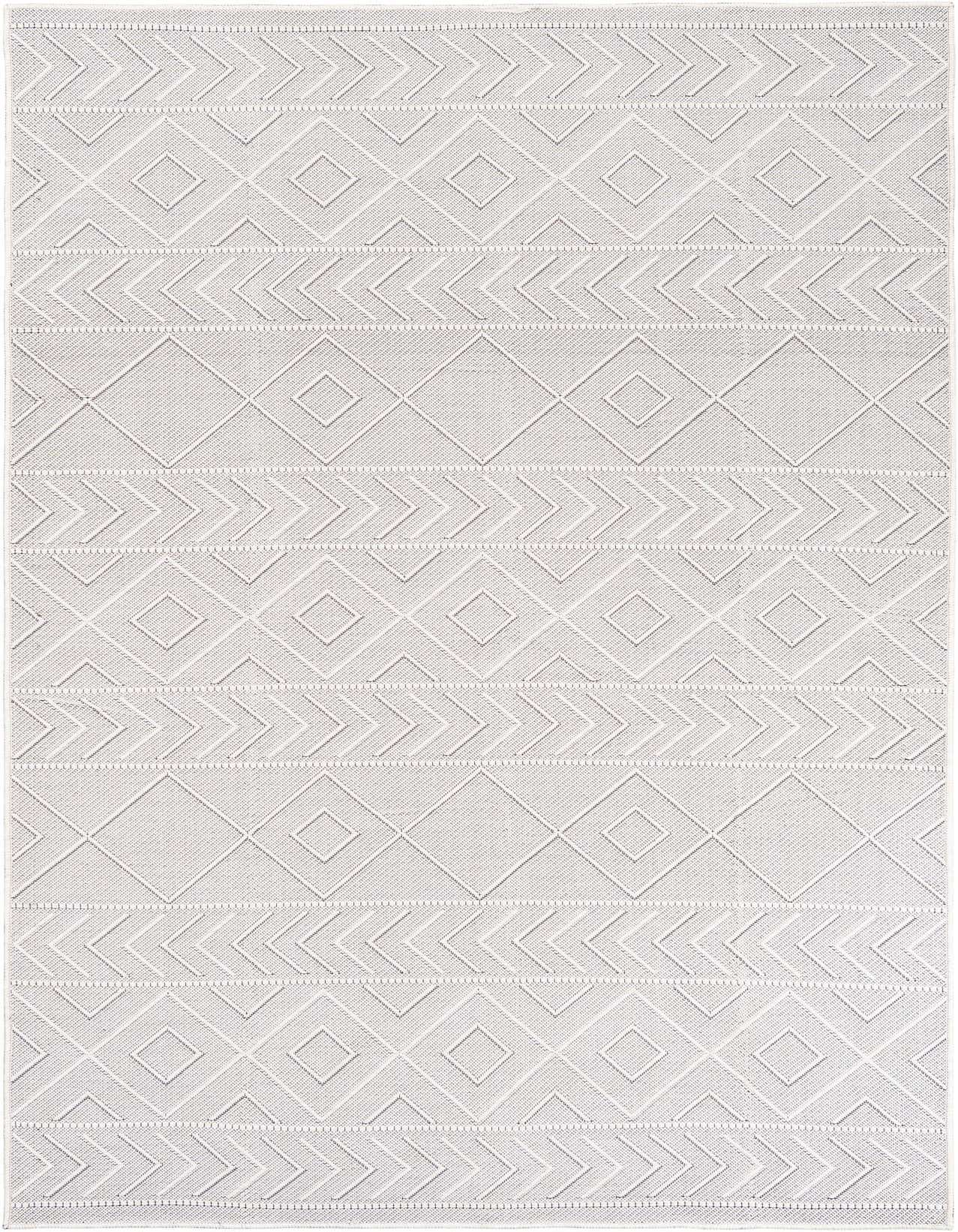 A 5x8 rectangular gray modern indoor/outdoor rug with a textured geometric pattern of diamonds and chevrons.