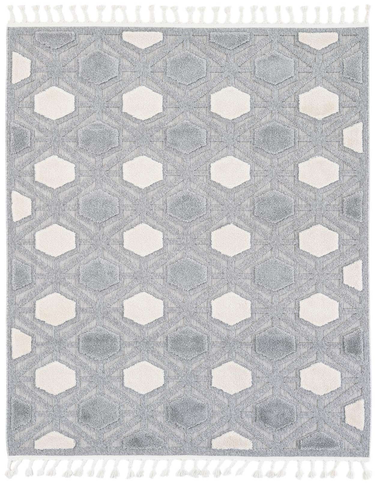 A 5x8 rectangular gray modern rug with a geometric pattern of light and dark gray hexagons, suitable for indoor or outdoor use.