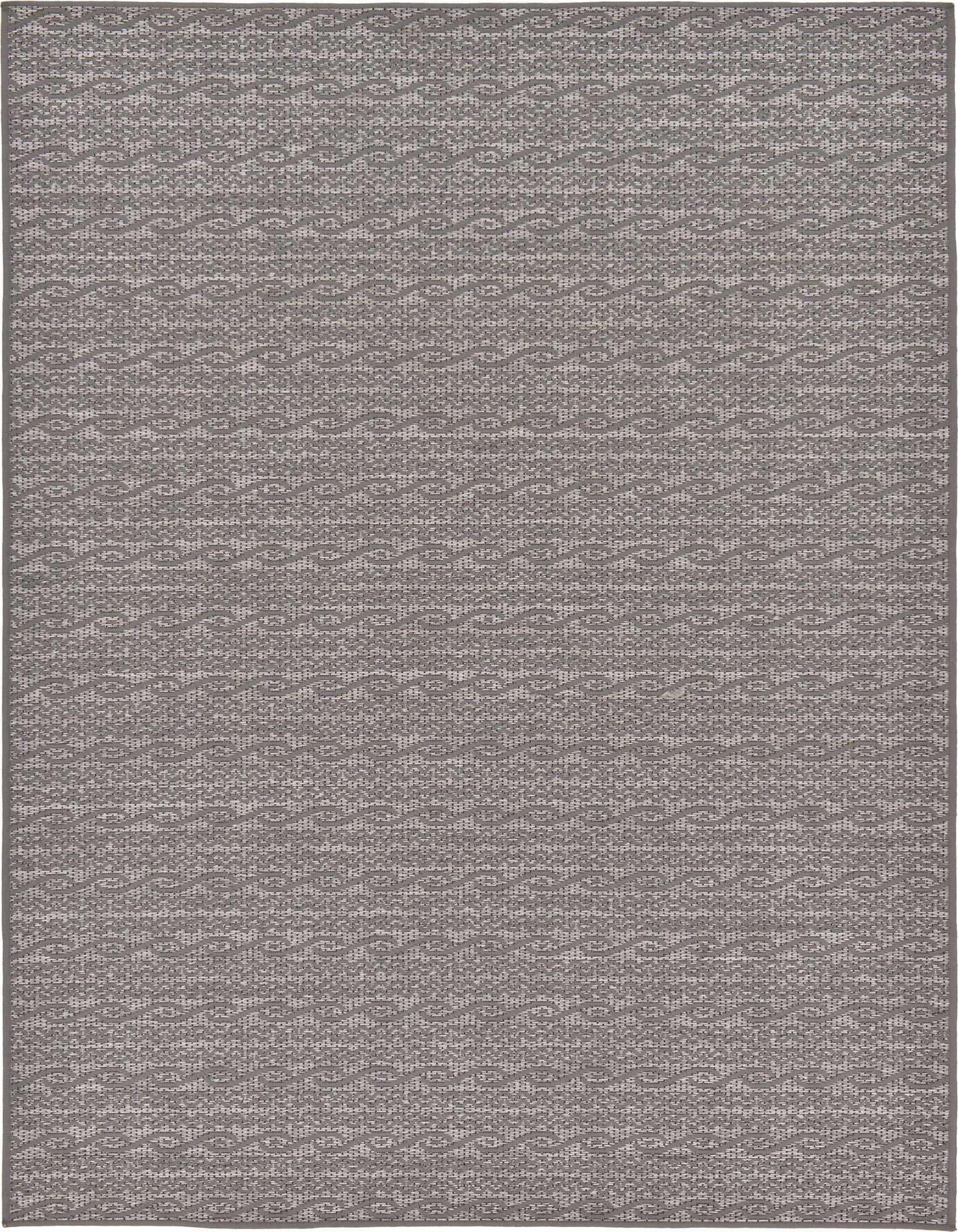 A rectangular 5x8 gray and silver transitional flatweave rug with a subtle textured pattern, suitable for indoor or outdoor use.