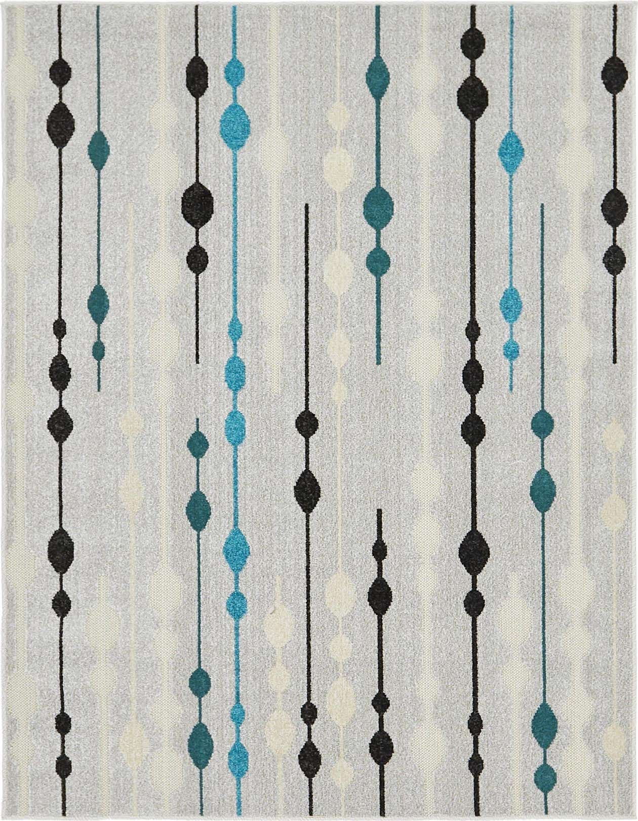 A 4x6 rectangular gray rug with a modern stripe pattern featuring vertical lines of black, teal, and light blue ovals.